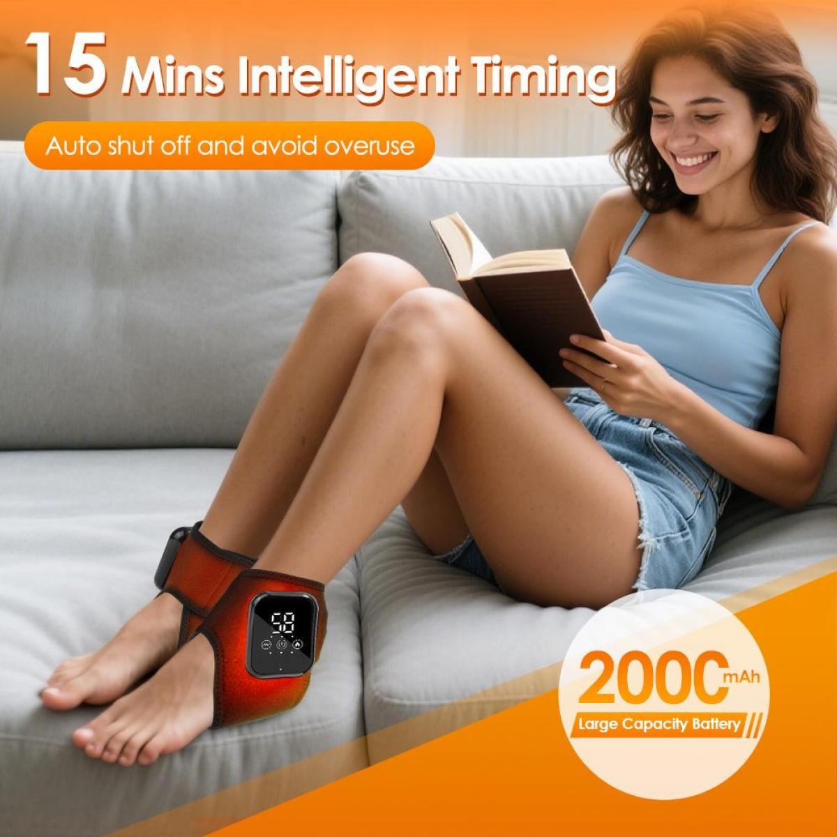 Eine Frau liest ein Buch auf einem Sofa. Sie trägt Fußfesseln mit Digitalanzeige. Text: 15 Min. intelligente Zeitmessung.