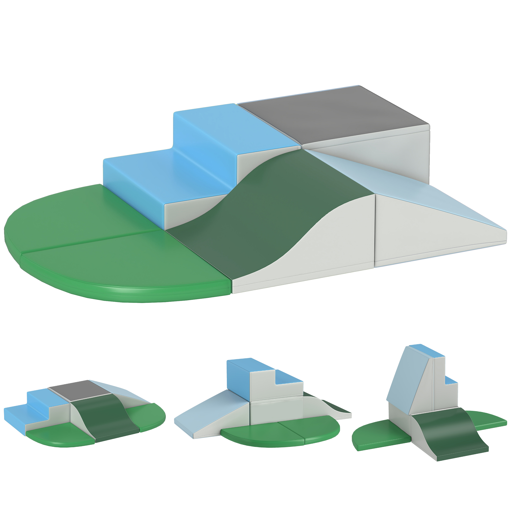 Una struttura da gioco in schiuma colorata con gradini, rampa e piattaforme in blu, verde, grigio e bianco, su sfondo bianco.