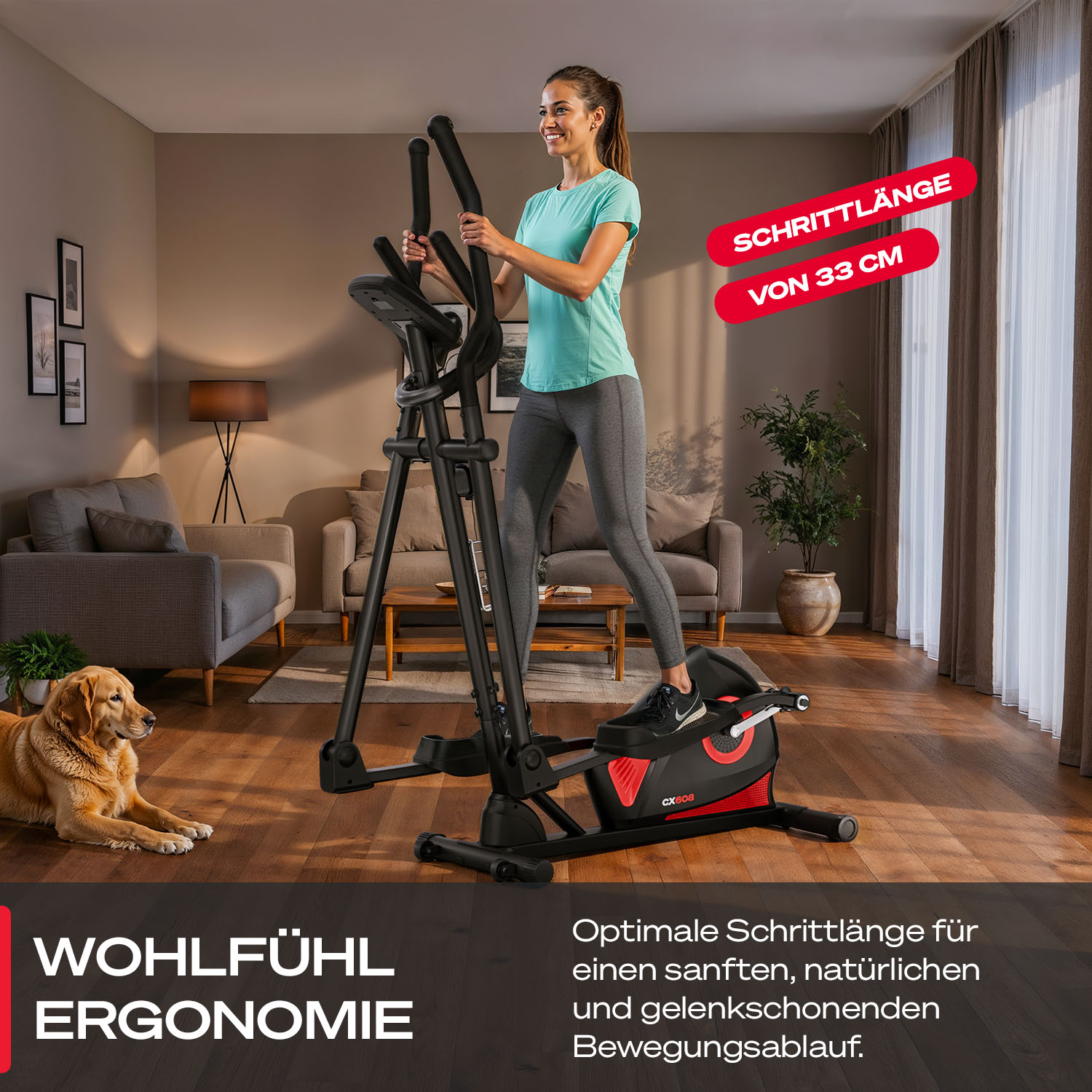 Eine Frau trainiert auf einem Ellipsentrainer. Ein Hund liegt auf dem Boden. Text lautet 'Wohlfühl Ergonomie' und 'Schrittlänge von 33 cm'.