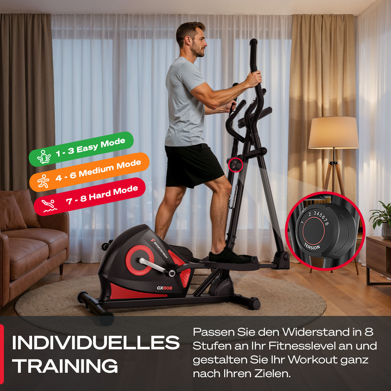 Ein Mann benutzt einen Crosstrainer. Die Maschine ist schwarz und rot. Es gibt Modusindikatoren und einen Spannungsknopf.