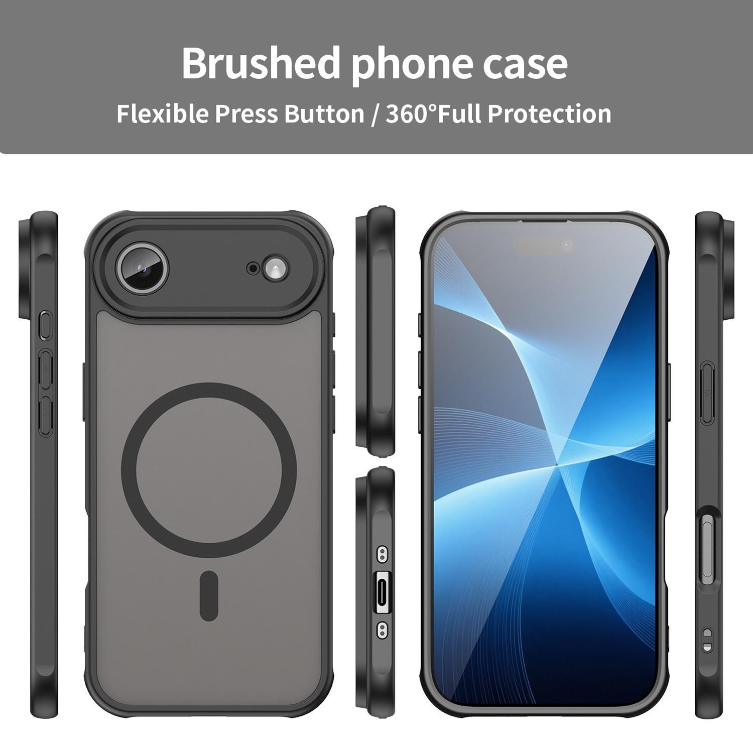 Una funda de teléfono se muestra desde múltiples ángulos. Es negra y tiene una parte trasera gris transparente. La pantalla del teléfono muestra un diseño azul.