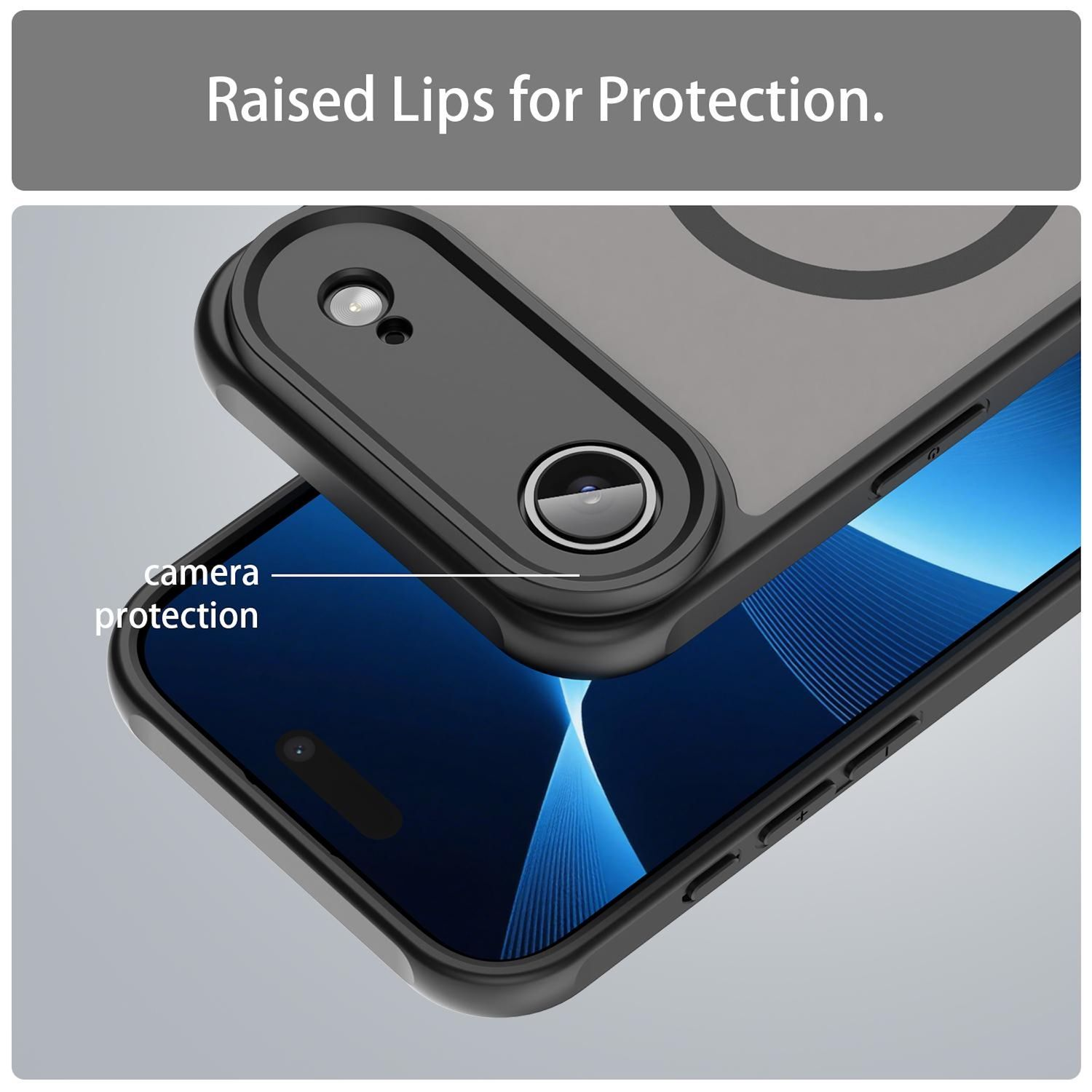 Primer plano de una funda de teléfono con protección de cámara. La funda es negra y gris, con bordes elevados. La pantalla es azul.