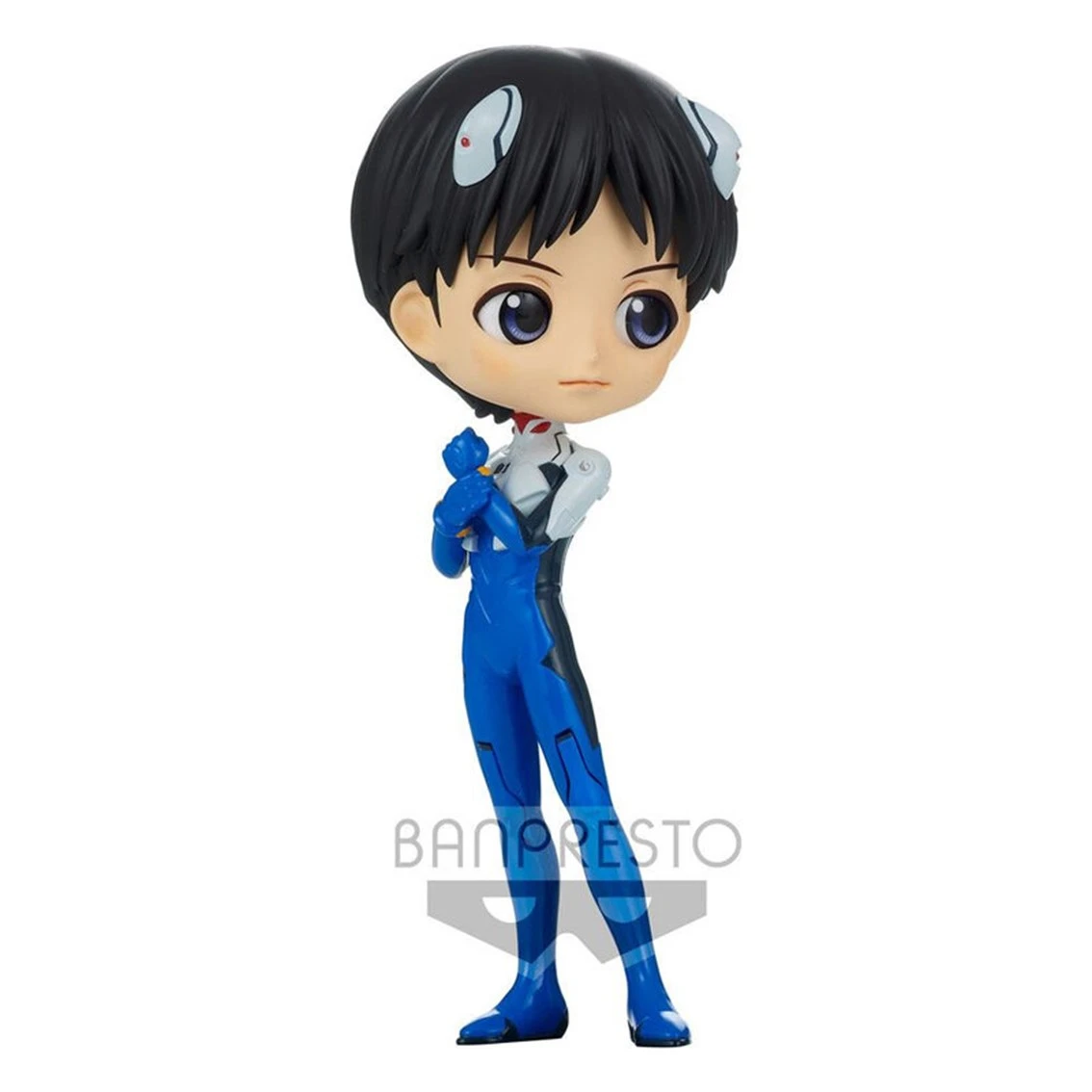 Figura anime di una persona in tuta blu con capelli neri e dettagli bianchi, su sfondo bianco.