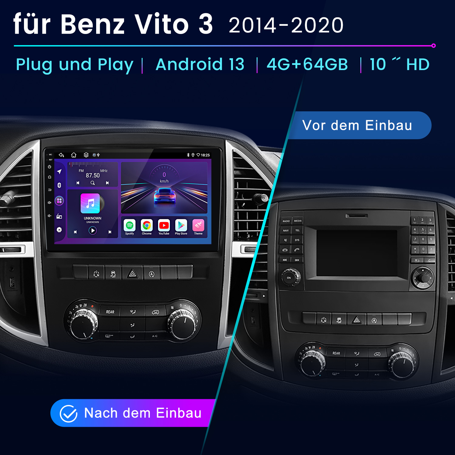 Autotafel mit Vorher-Nachher-Installation eines neuen Android-Systems, mit Bildschirm, der Funktionen anzeigt.