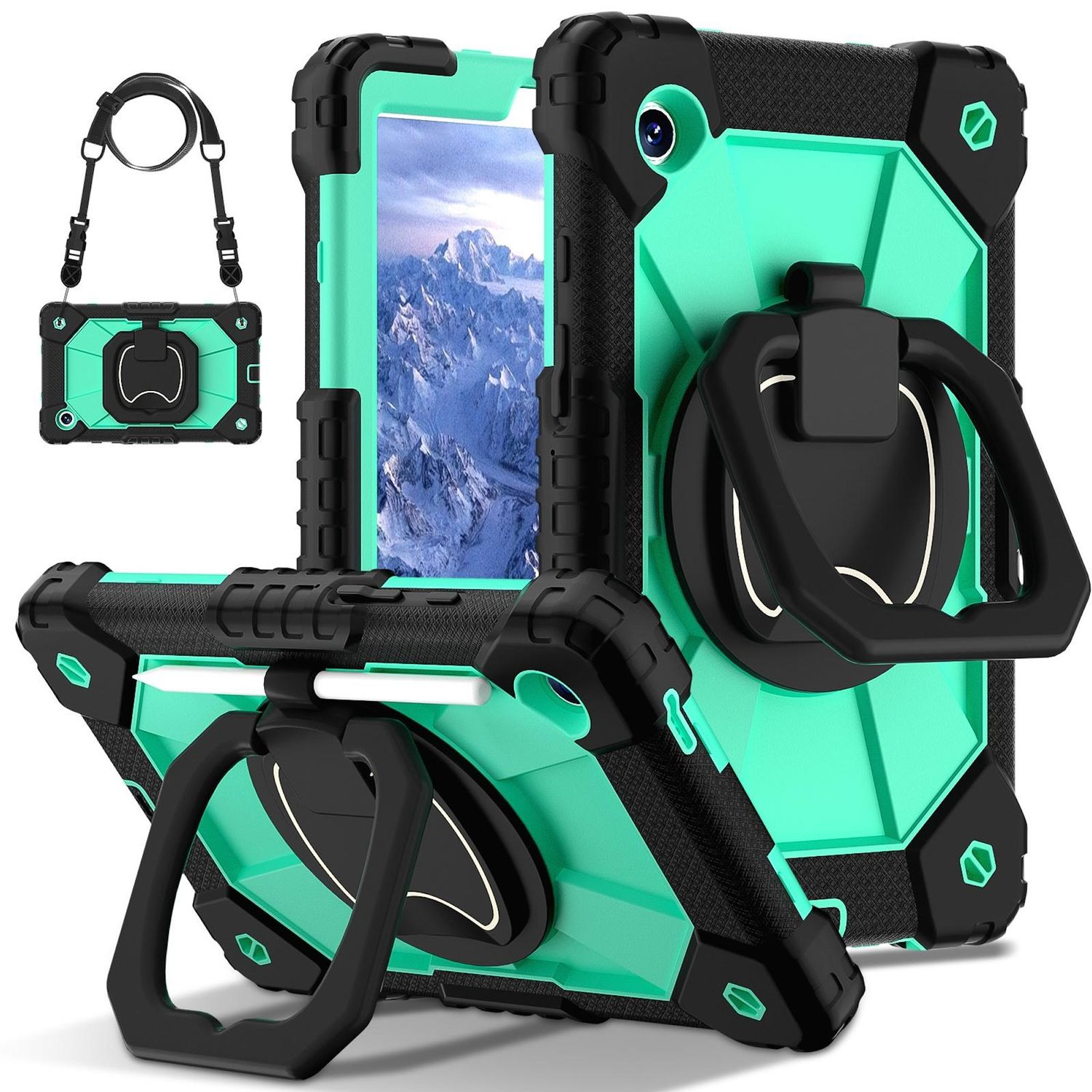 Una funda para tableta con múltiples funciones: soporte, anillo de mano y correa para el hombro. Es negro y verde azulado, con una pantalla que muestra montañas.