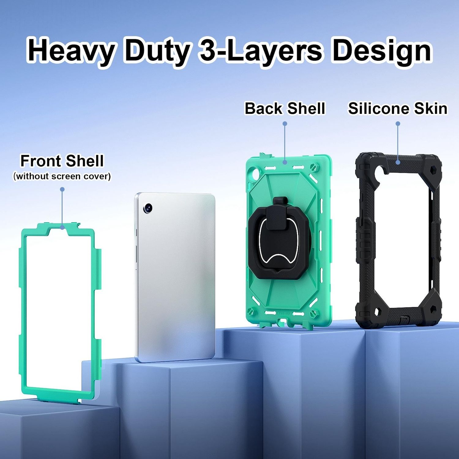 Se muestra una funda para tableta con tres capas: carcasa frontal, carcasa trasera y piel de silicona. La funda es turquesa y negra.