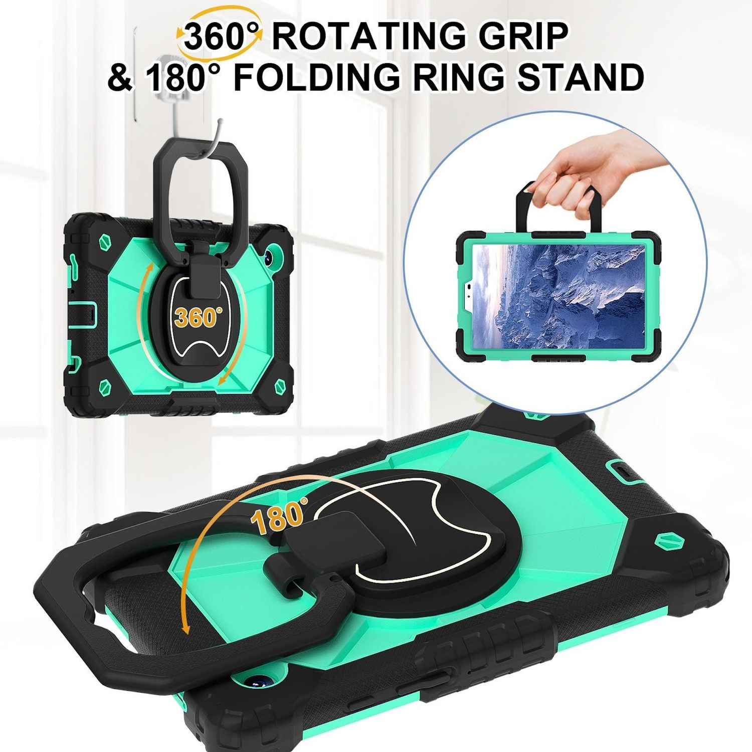 Funda protectora para tablet con agarre giratorio y soporte de anillo plegable. Colores negro y verde azulado. Se muestran demostraciones de uso.