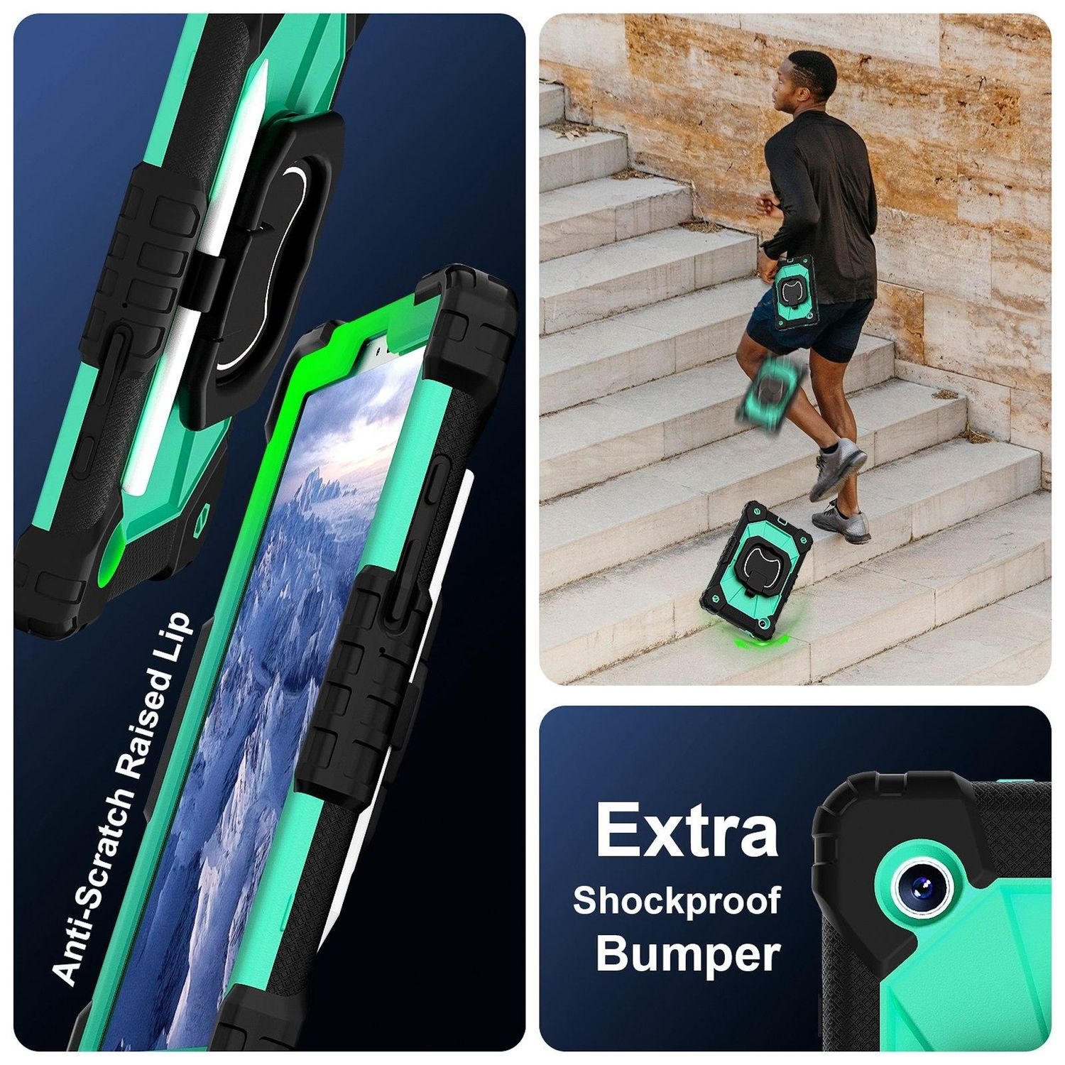 Un hombre sube escaleras con una funda para tableta. La funda es verde y negra. Otras imágenes muestran detalles.