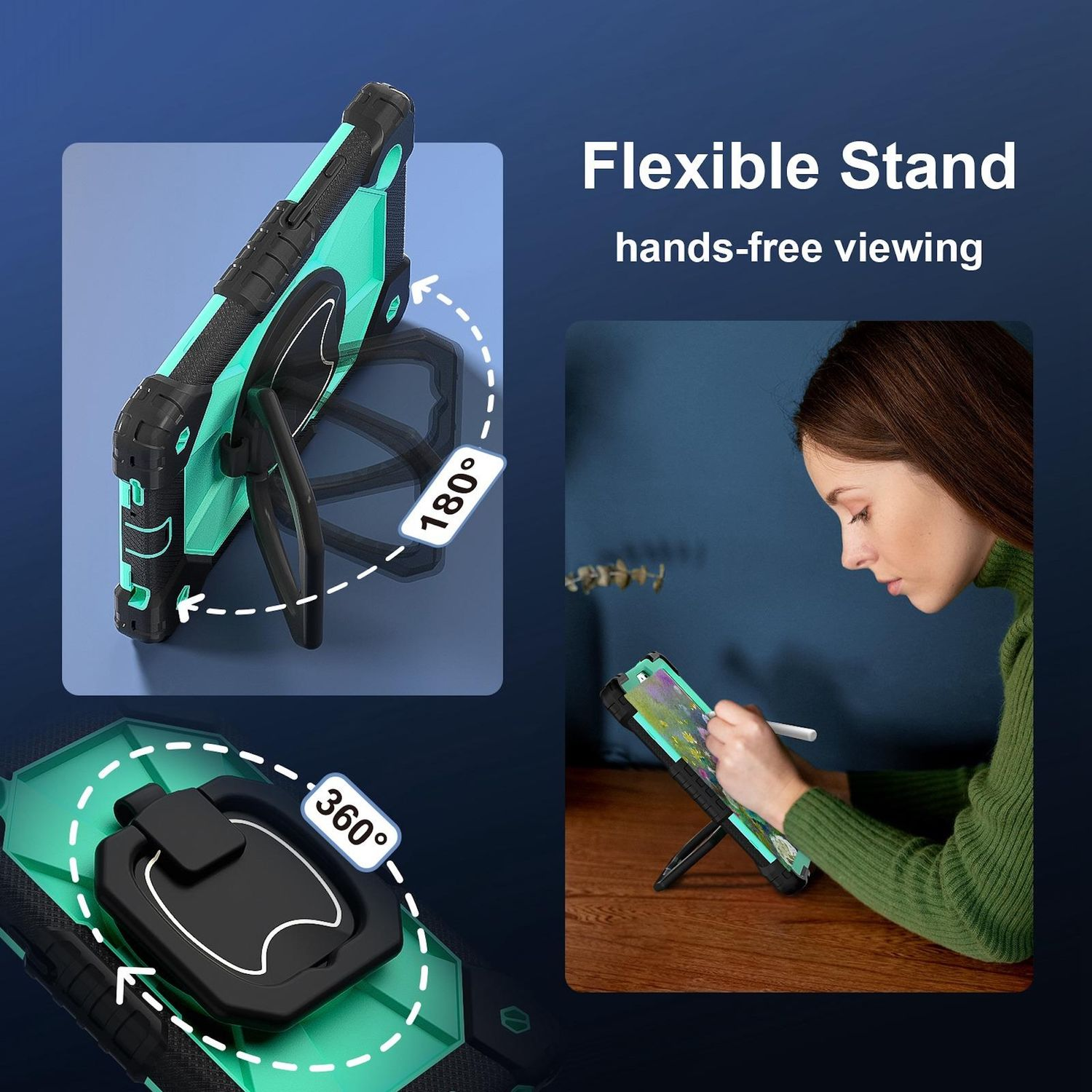 La imagen muestra un soporte para tableta con rotación de 180 y 360 grados. Una mujer usa la tableta con un lápiz.