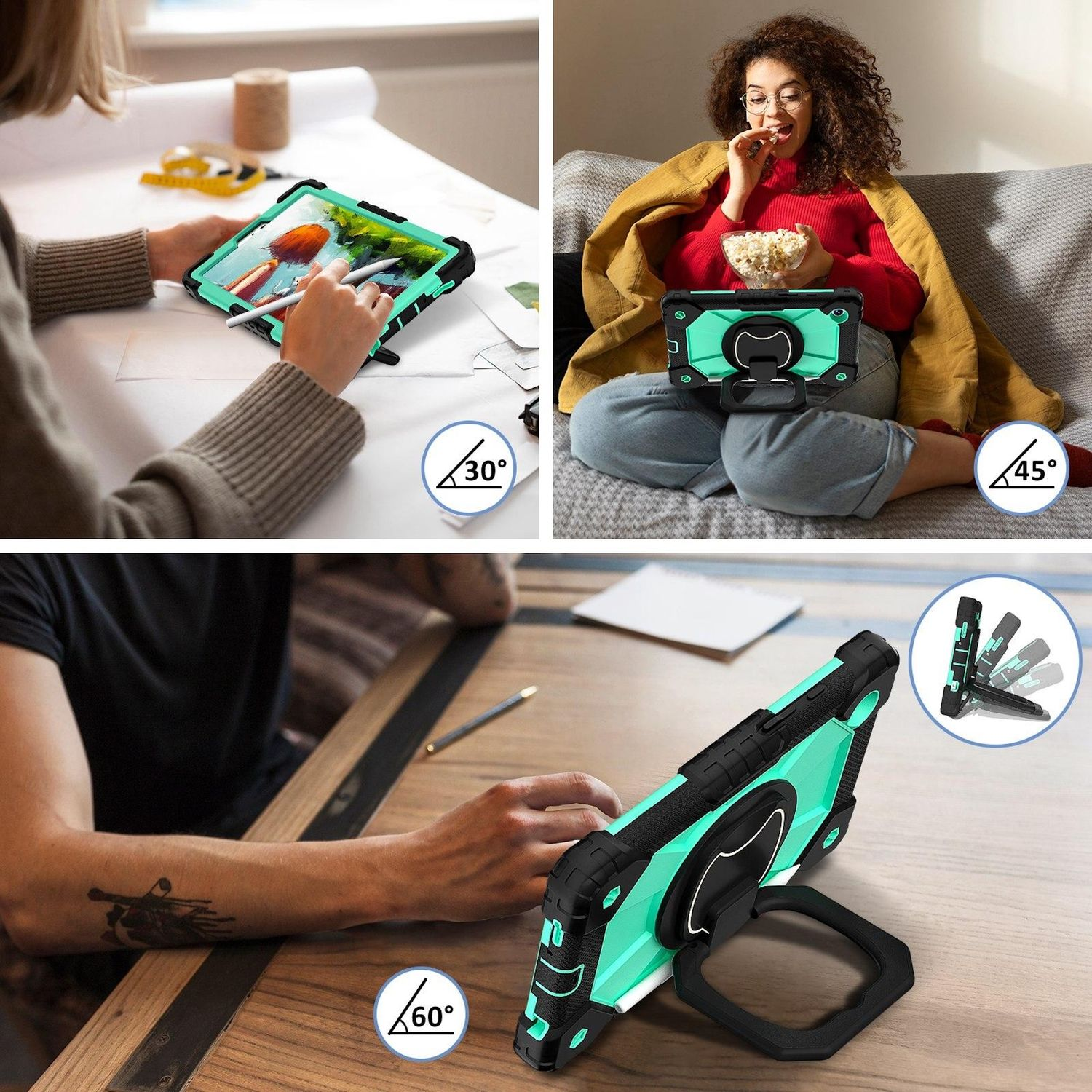 Tres imágenes que muestran una funda para tableta. Las personas usan la funda mientras dibujan, ven una película y sobre una mesa. La funda es negra y verde azulado.