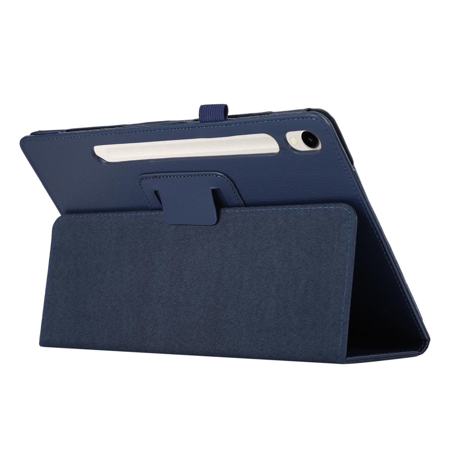 Eine dunkelblaue Tablet-Hülle, die geöffnet ist, um das Tablet freizugeben. Die Hülle hat einen Riemen und einen Ständer.