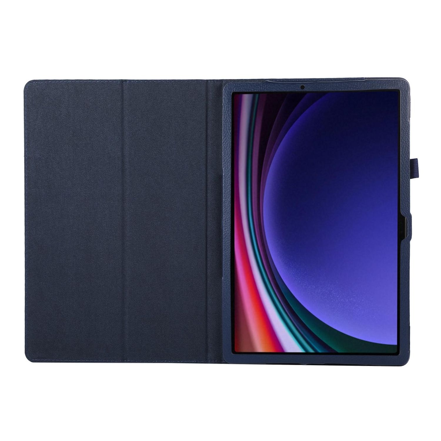 Ein Tablet in einer dunkelblauen Hülle. Der Bildschirm zeigt ein farbenfrohes abstraktes Bild. Die Hülle ist geöffnet.