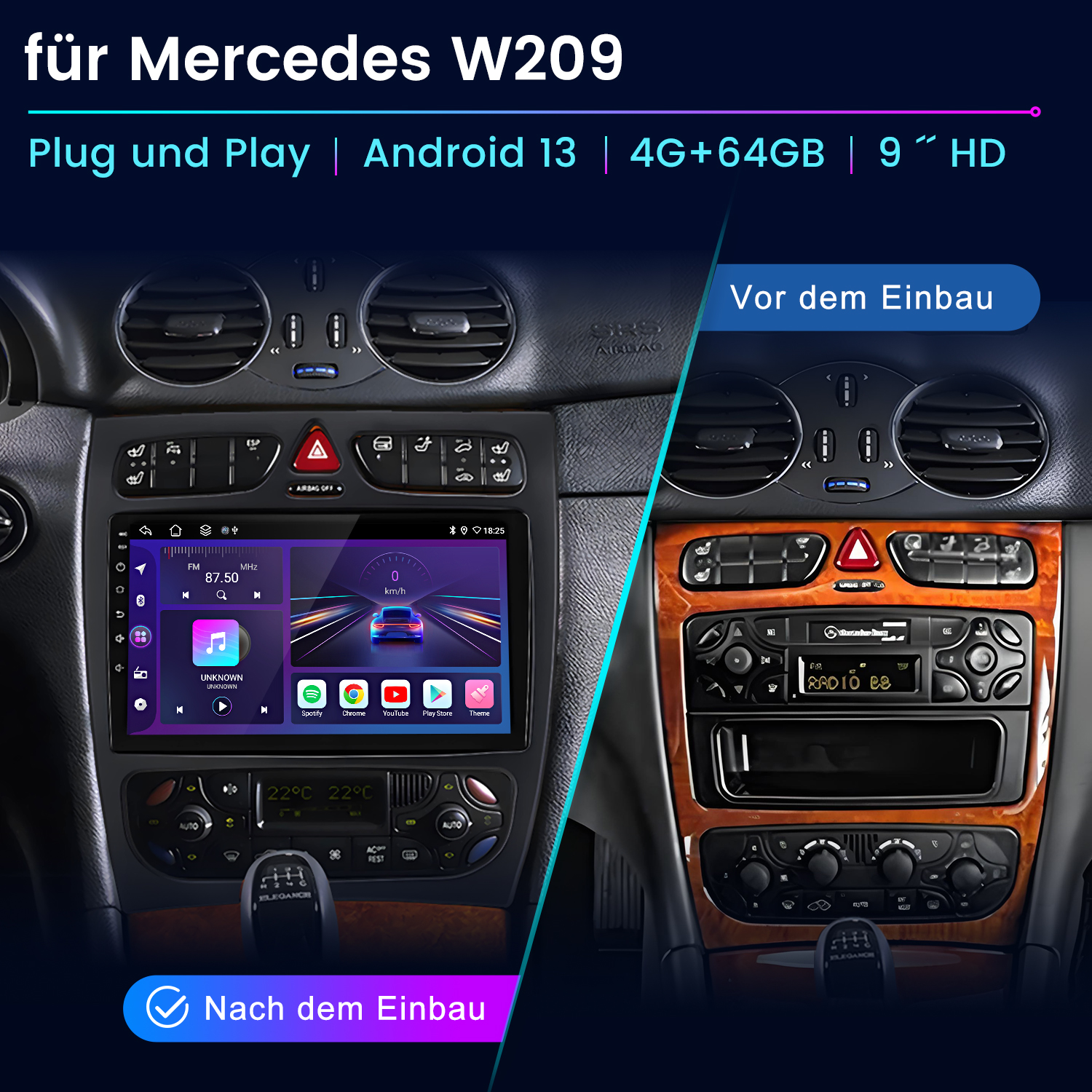 Comparación del tablero del automóvil antes y después de instalar un nuevo sistema Android. Muestra radio y pantalla con apps.