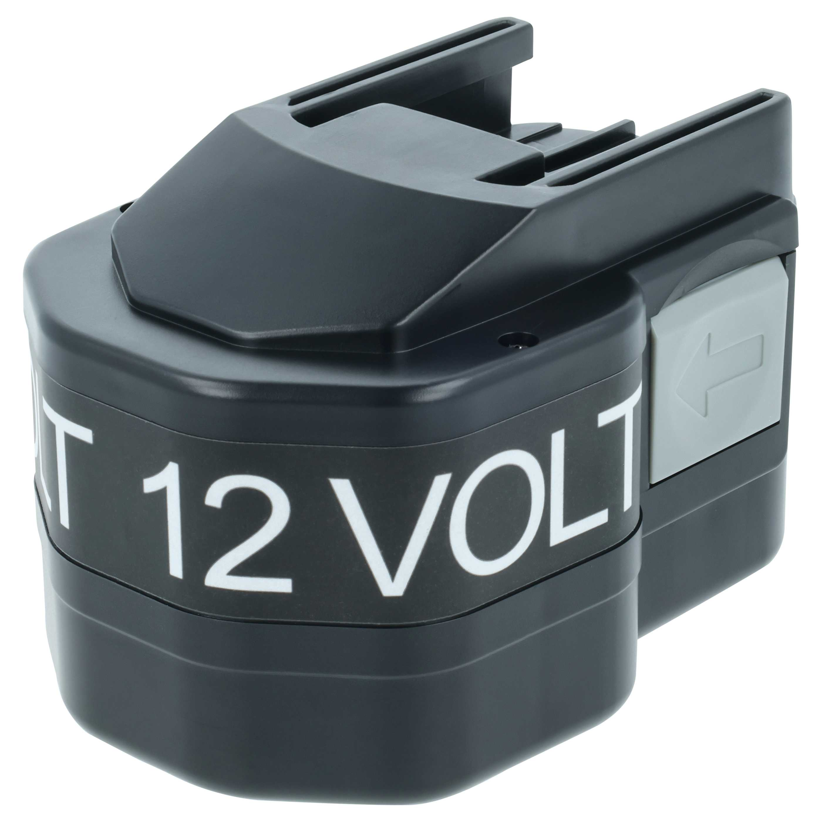 Ein schwarzer und grauer 12-Volt-Akku. Der Akku hat weißen Text und eine graue Taste mit einem Pfeil.