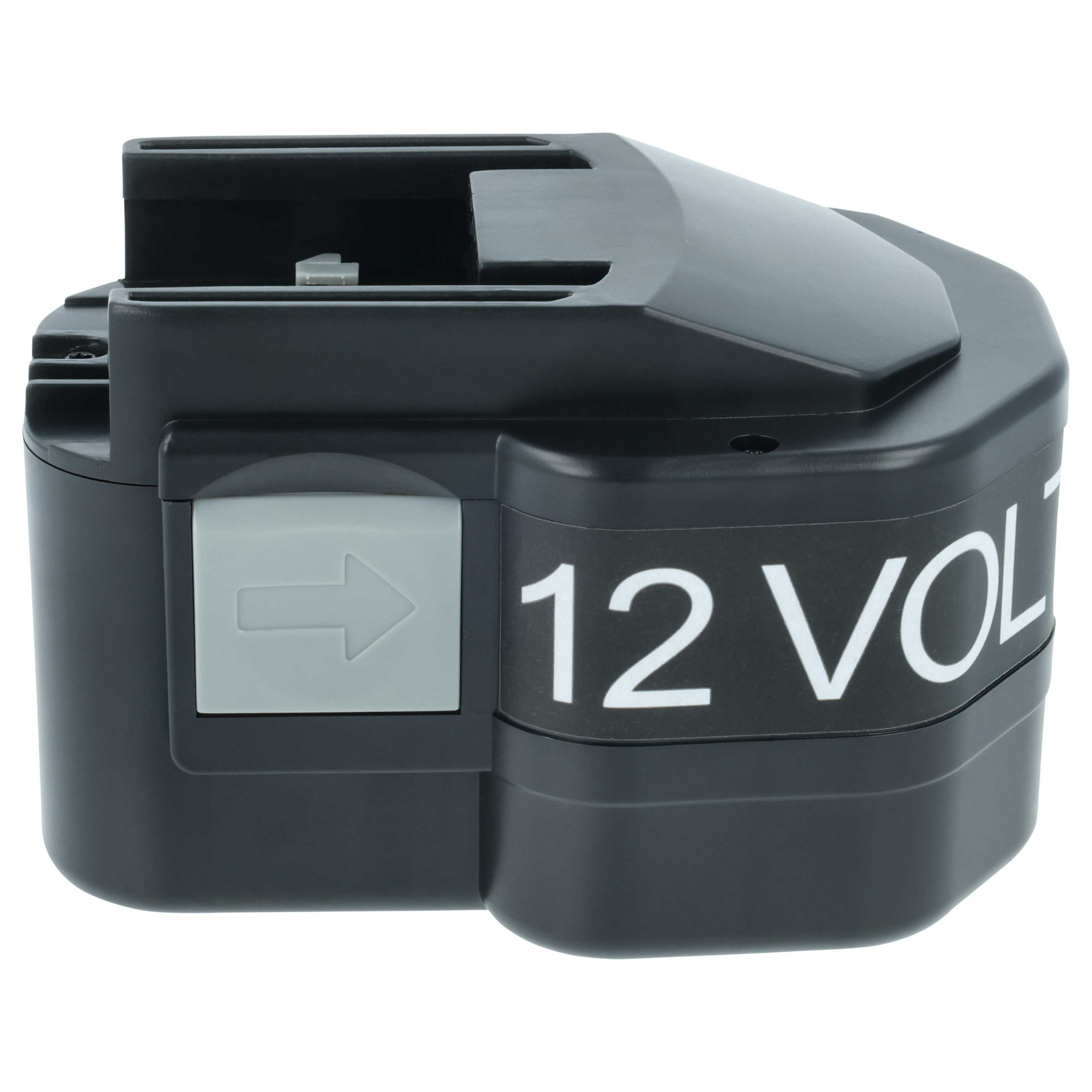 Ein schwarzes 12-V-Akkupack. Es hat eine graue Taste mit einem Pfeil. Weißer Text zeigt die Spannung an.