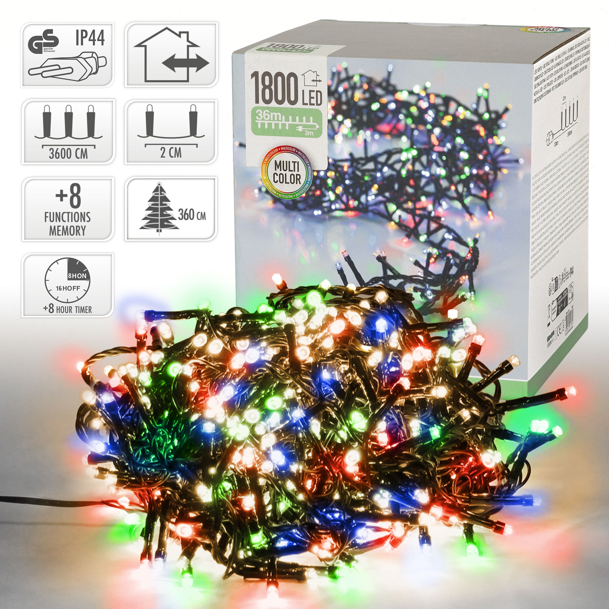 Eine Schachtel mit mehrfarbigen LED-Weihnachtslichtern mit verschiedenen Symbolen und Spezifikationen.