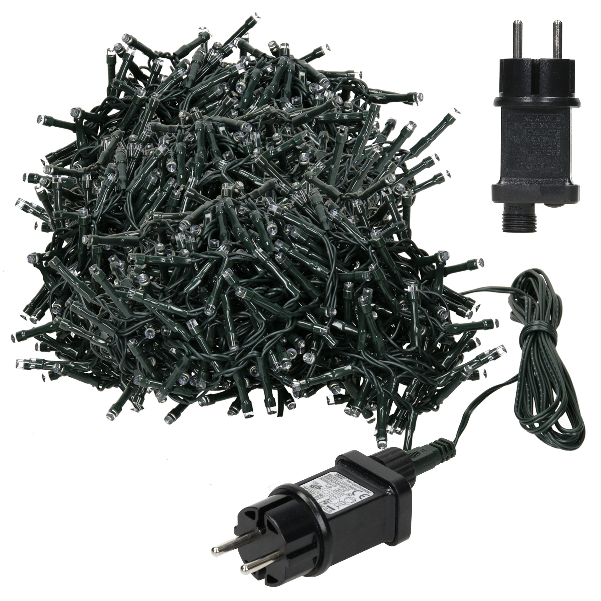 Ein Bündel grüner Weihnachtsbeleuchtung mit Stecker und zwei zusätzlichen Steckern.