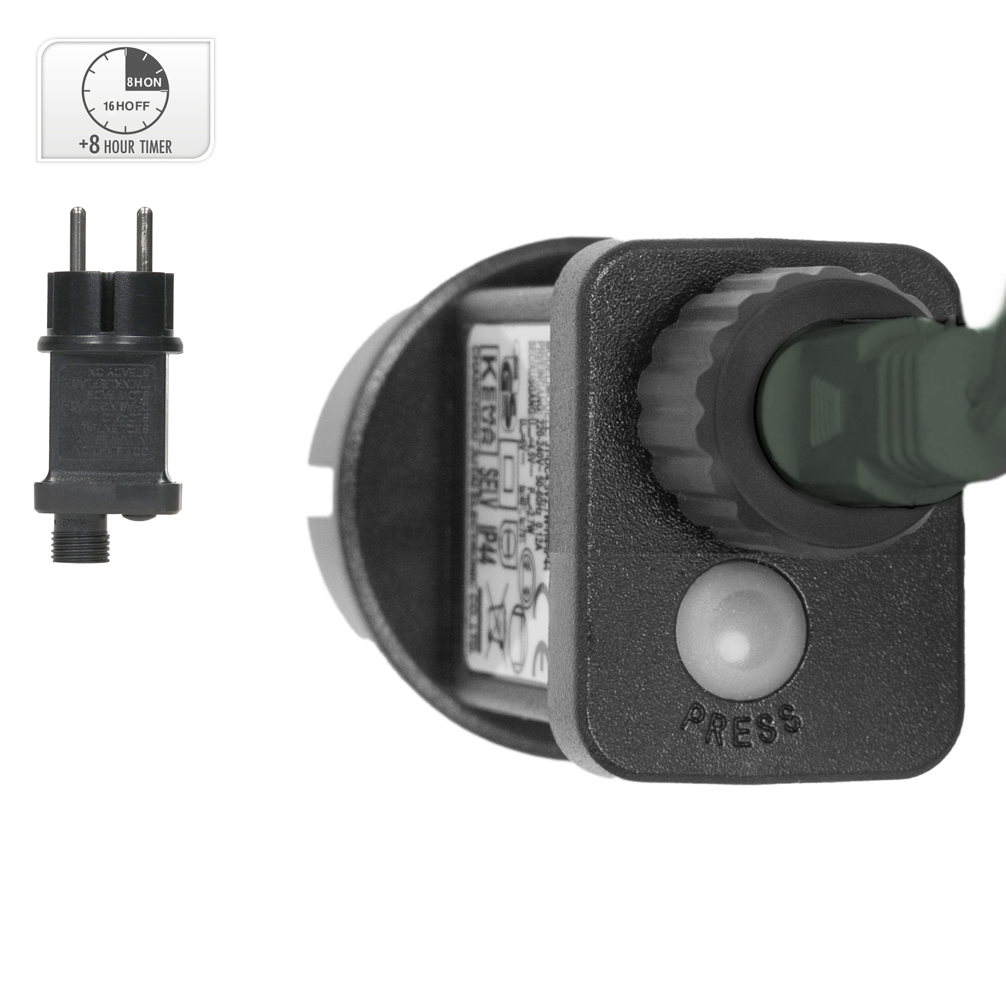 Ein elektrischer Timer mit Stecker, Timereinstellungen und einer Taste mit der Aufschrift 'PRESS'.
