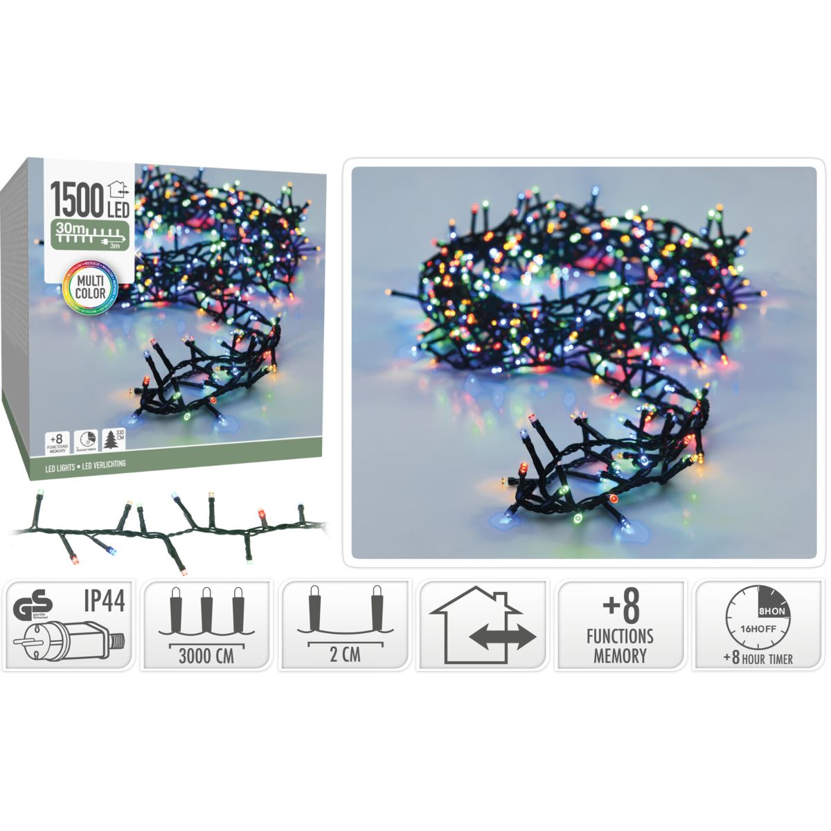 Schnur mit mehrfarbigen LED-Leuchten. Enthält Verpackung mit Spezifikationen. Symbole zeigen Funktionen wie Timer und Speicher an.
