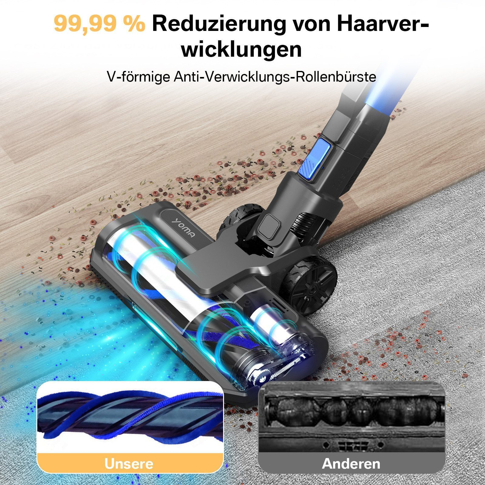 Ein Staubsauger mit blauem Lichteffekt, der die Haarentfernung demonstriert. Der Text sagt 99,99% Reduzierung.