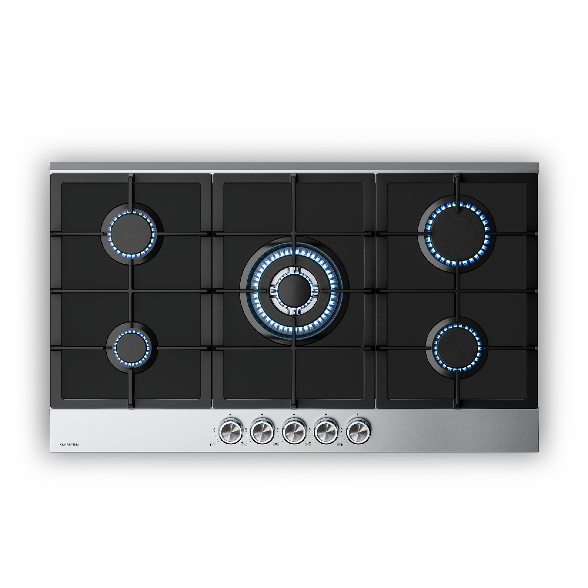 Ein schwarzes Gaskochfeld mit fünf Brennern, jeder mit blauer Flamme. Edelstahlbasis mit Bedienknöpfen.