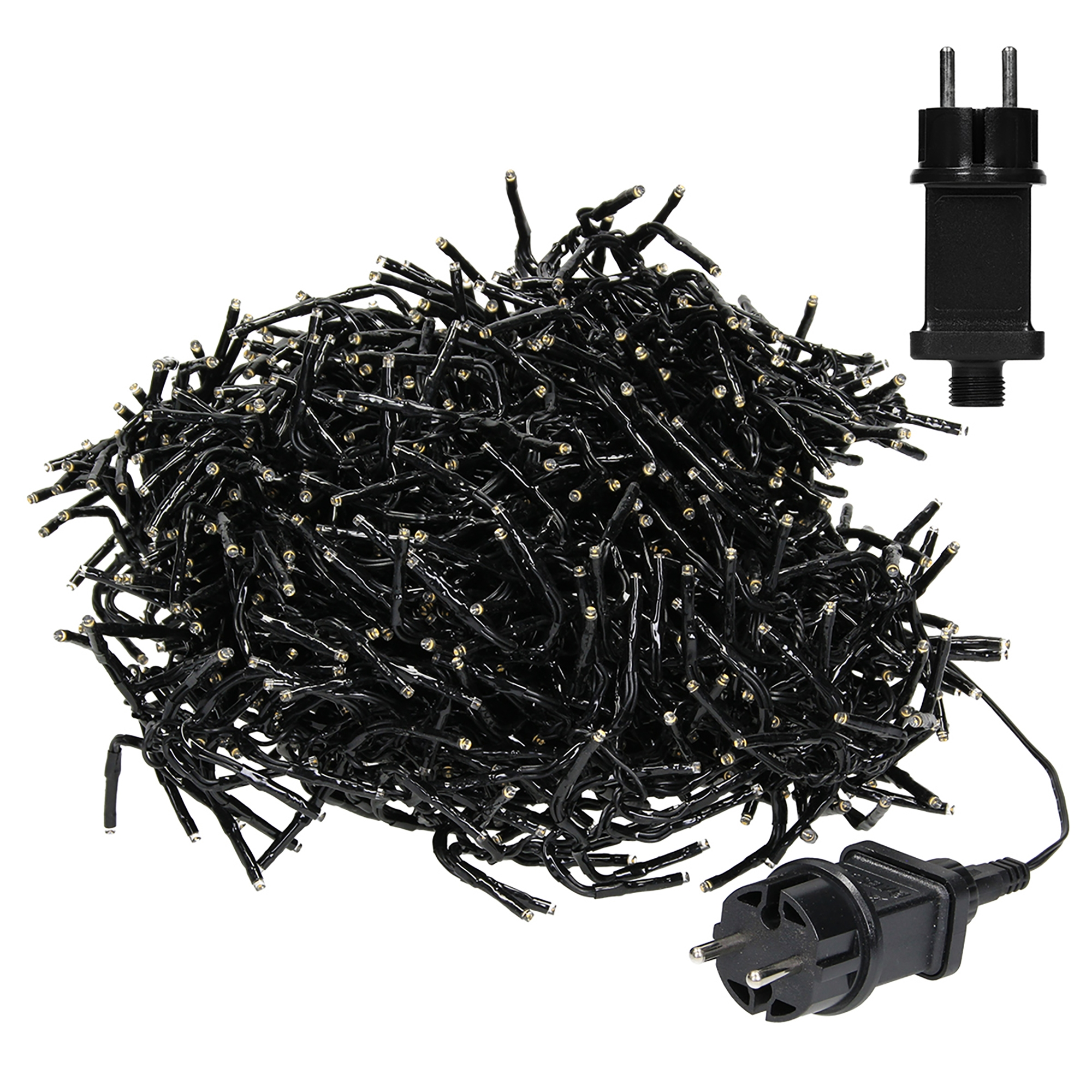 Ein Haufen schwarzer Lichterketten mit kleinen Glühbirnen. Ein Stecker und ein Adapter sind ebenfalls zu sehen.