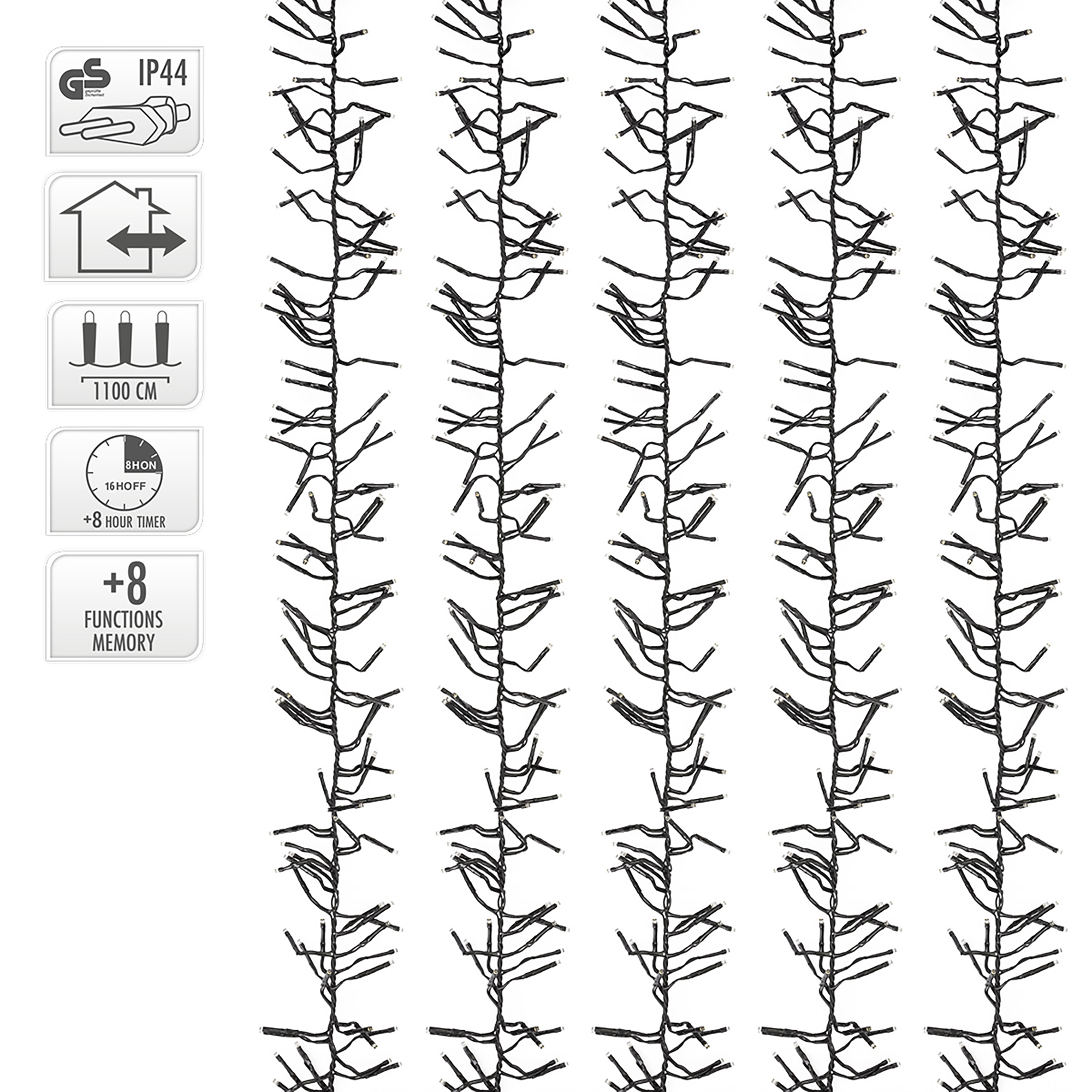 Eine Lichterkette mit schwarzen Lichtern auf weißem Hintergrund. Symbole links zeigen Funktionen wie IP44, Timer und Länge an.
