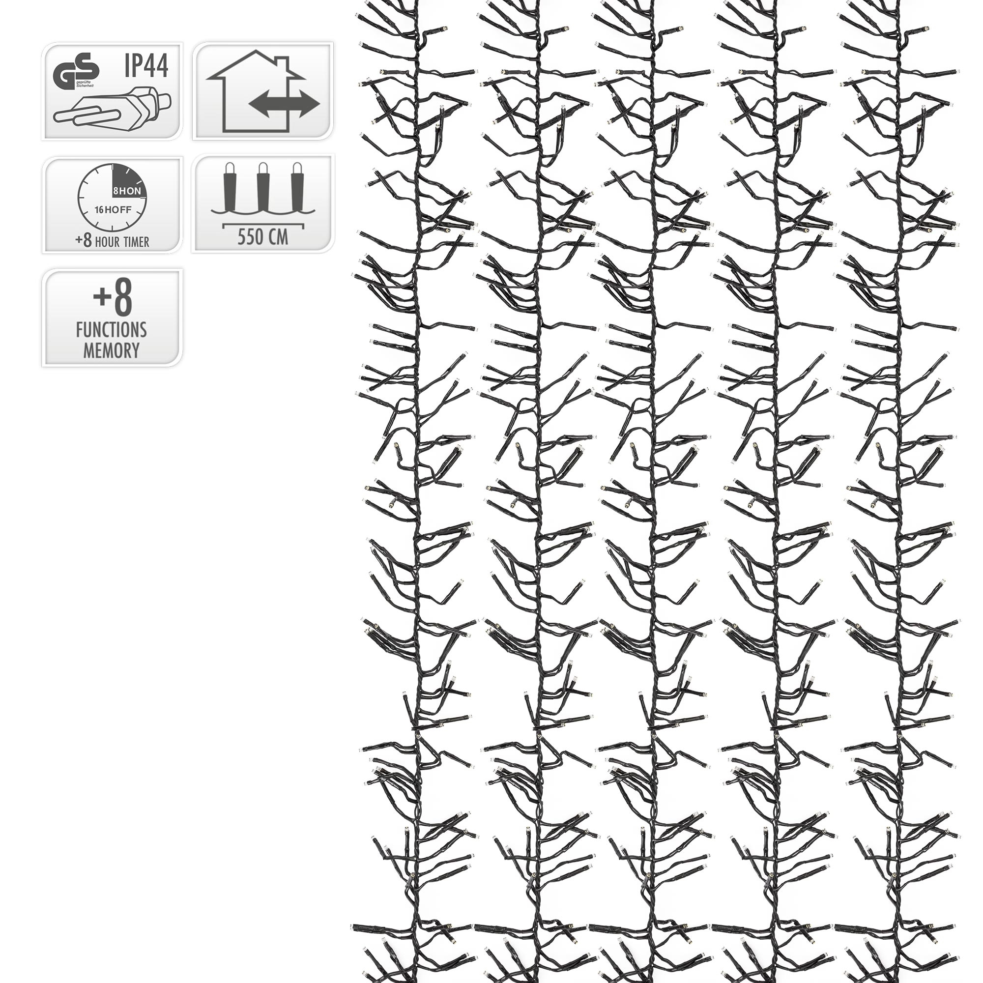 Lichterketten mit schwarzen Drähten und kleinen Lichtern. Symbole zeigen Merkmale: IP44, 8h-Timer, 8 Funktionen und 550 cm Länge.