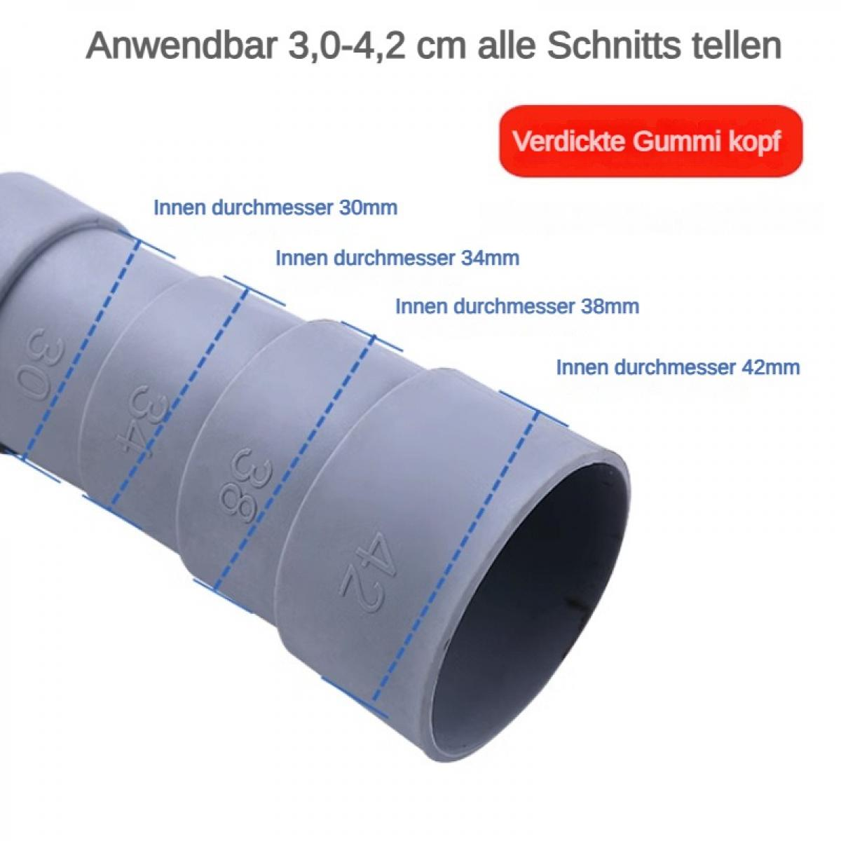 Ein graues Kunststoffrohr mit zunehmenden Durchmessern. Textbezeichnungen zeigen Größen an: 30 mm, 34 mm, 38 mm und 42 mm. Ein rotes Etikett lautet 'Verdickter Gummikopf'.