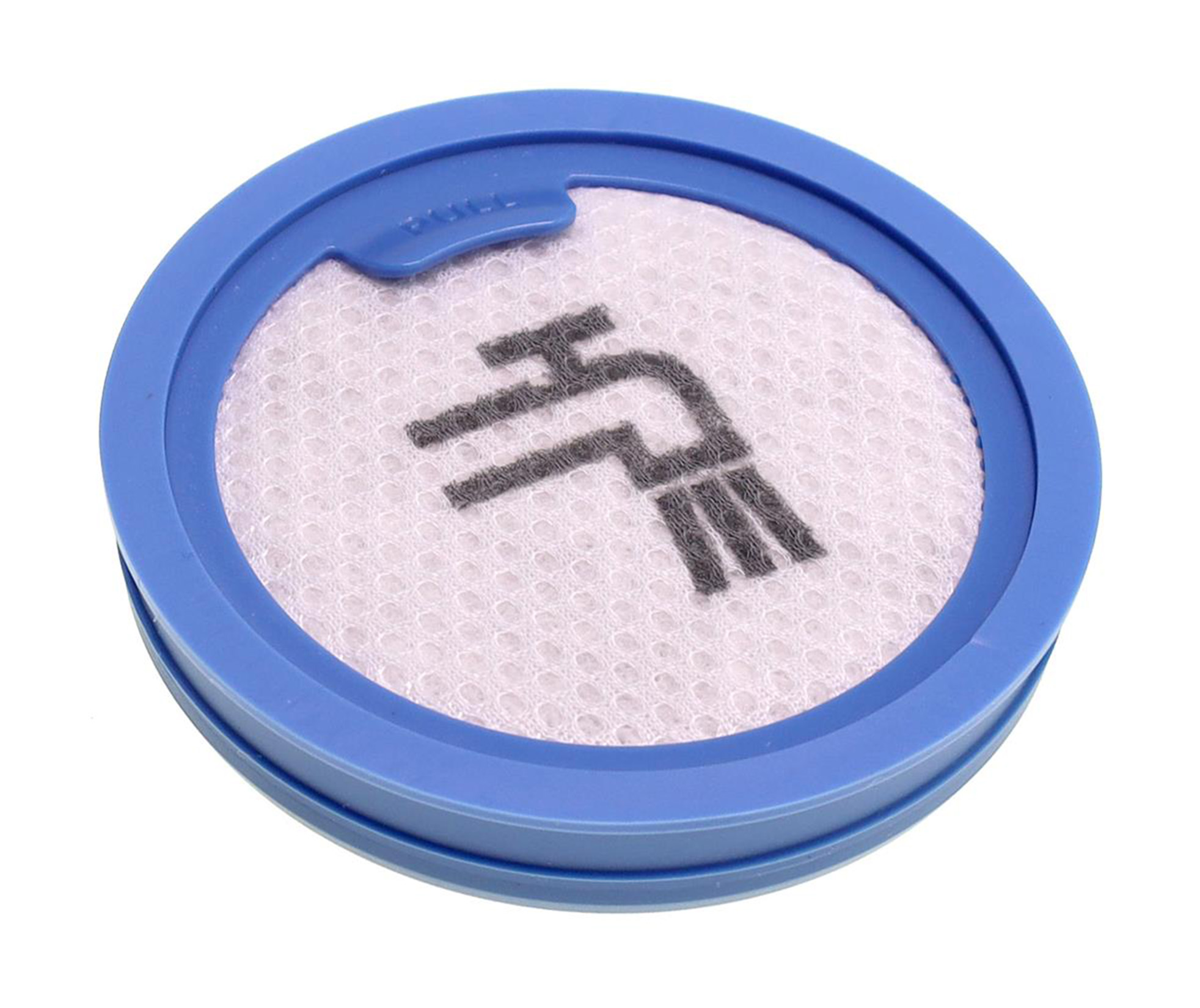 Ein runder, blauer Staubsaugerfilter mit einem weißen Netzmittelpunkt. Ein schwarzes Logo ist auf dem Netz aufgedruckt.