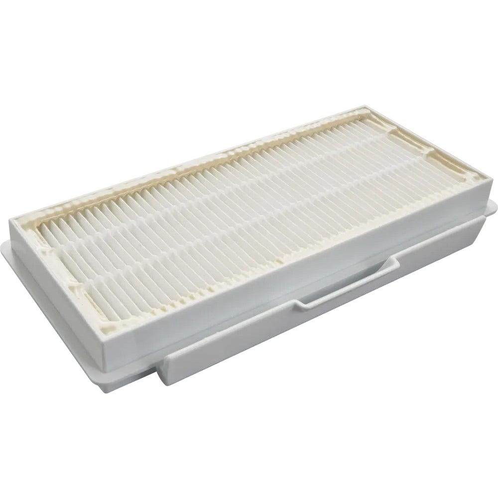 Un filtro dell'aria rettangolare bianco con un elemento filtrante a pieghe all'interno di un telaio di plastica bianca. Il filtro è pulito e inutilizzato.