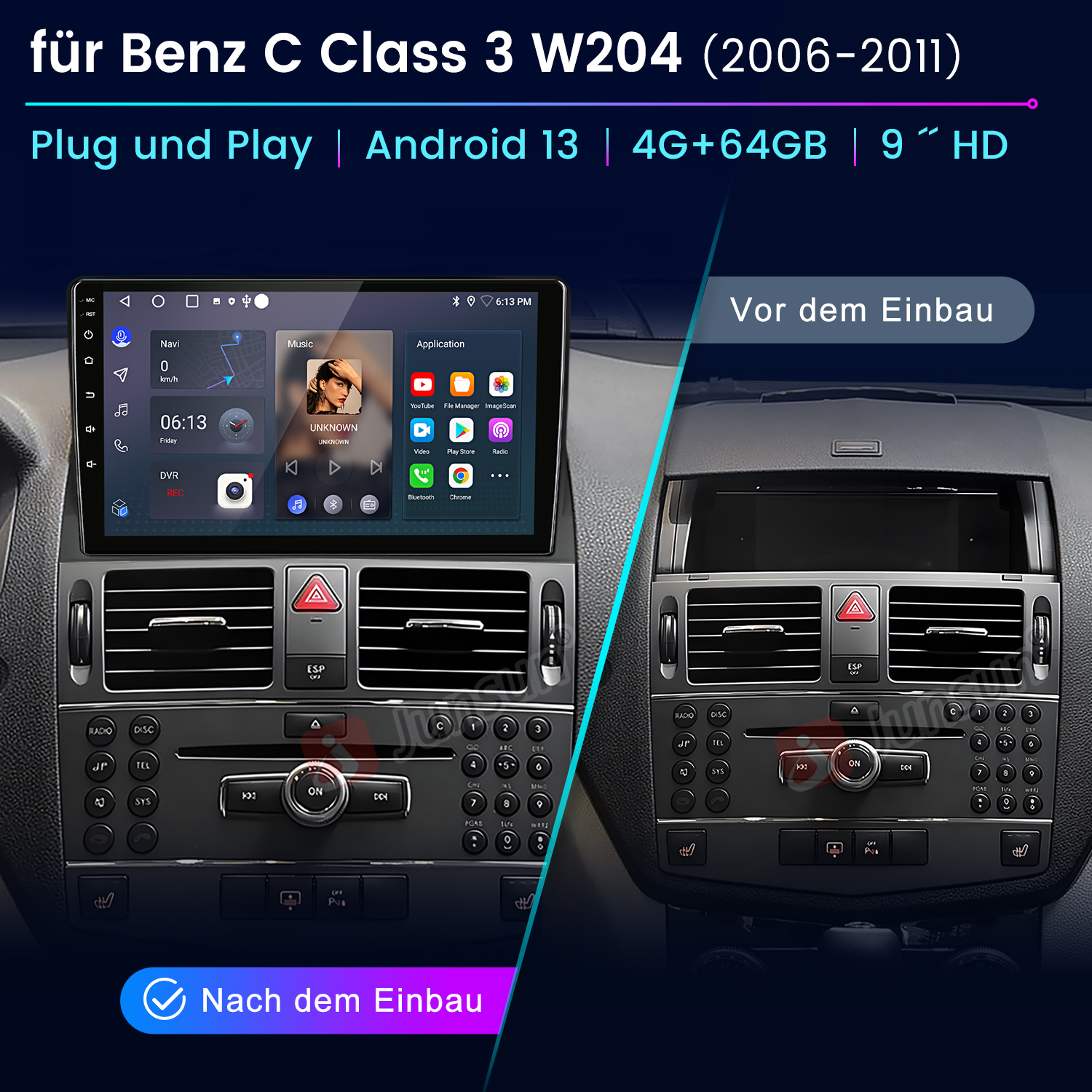 Autotafel mit neu installiertem Android-System, das das alte ersetzt. Der Bildschirm zeigt Apps und Navigation.