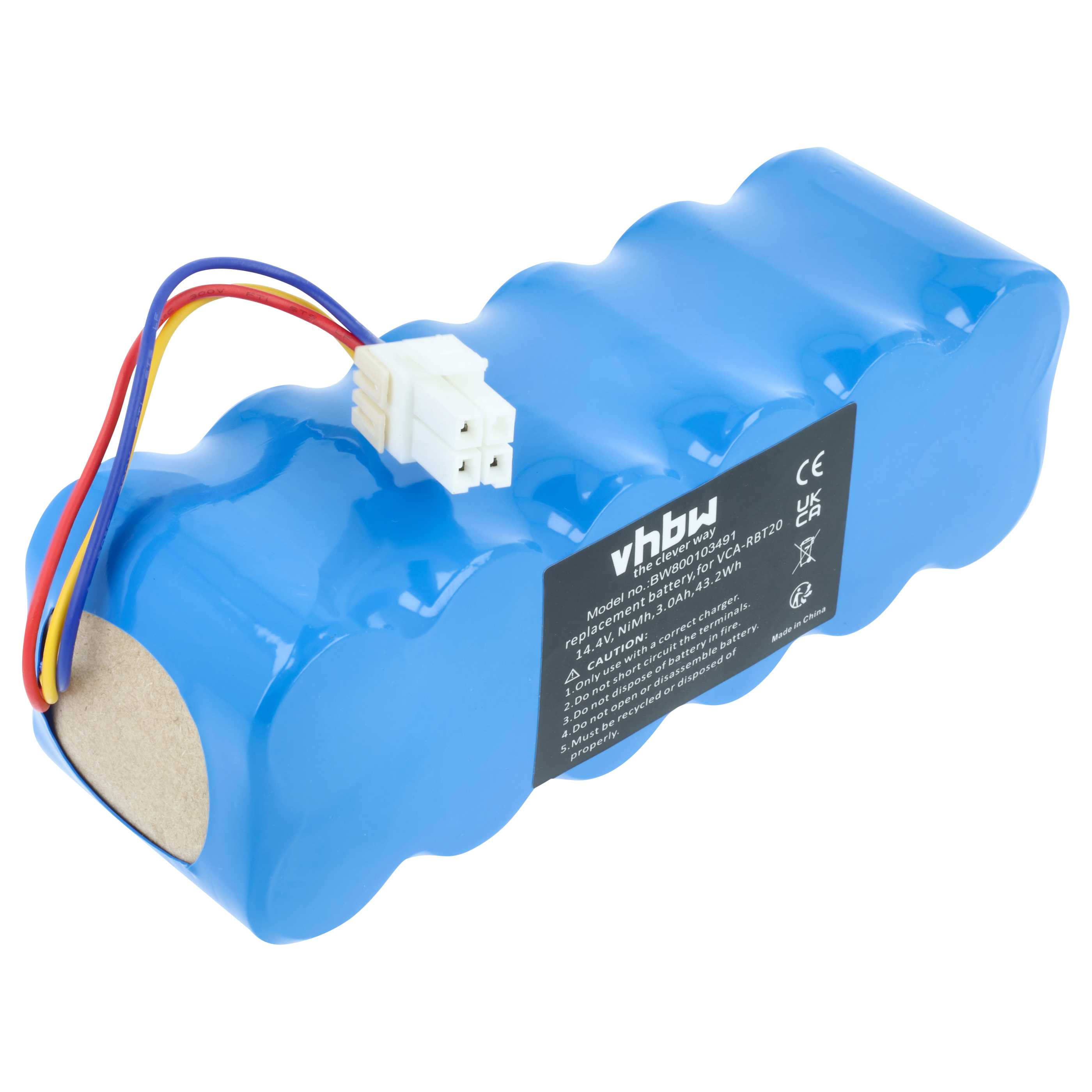 Ein blaues Batteriepack mit weißem Stecker und farbigen Drähten. Auf der Batterie ist ein Etikett mit Text zu sehen.