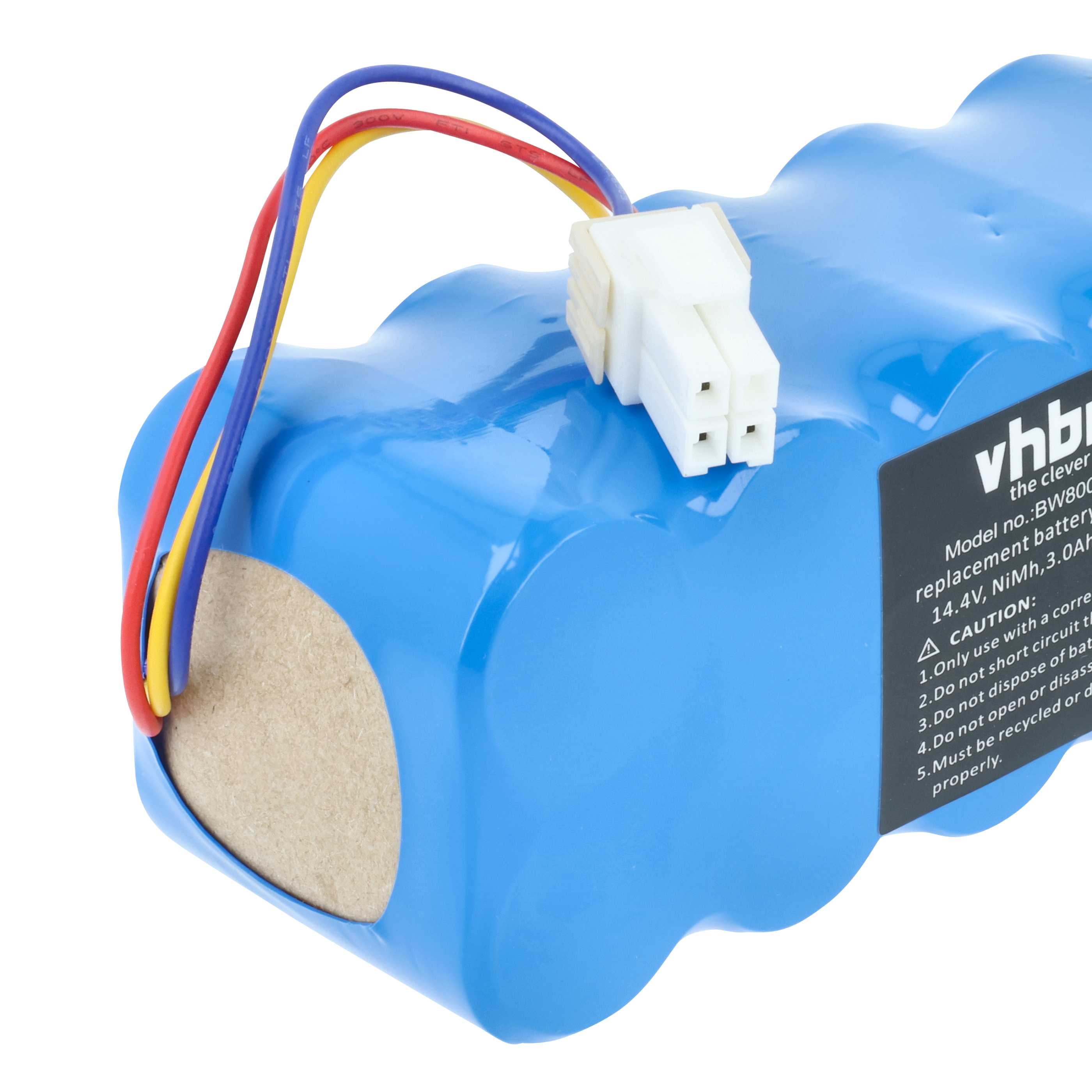 Ein blaues Akkupack mit bunten Drähten und einem weißen Stecker. Text auf der Seite warnt und gibt Modellinformationen.