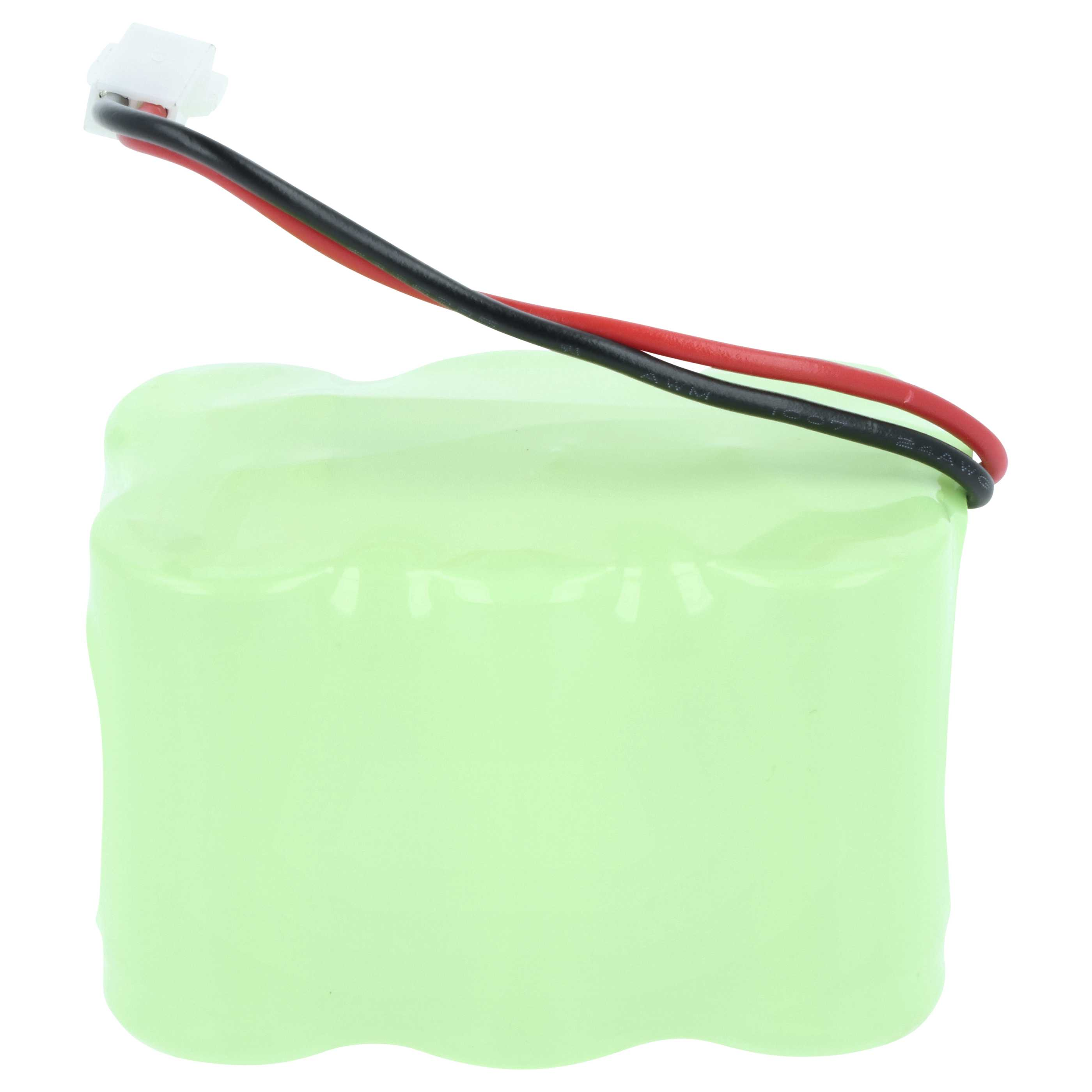 Ein grüner Akku mit schwarzen und roten Drähten, die mit einem weißen Stecker verbunden sind.