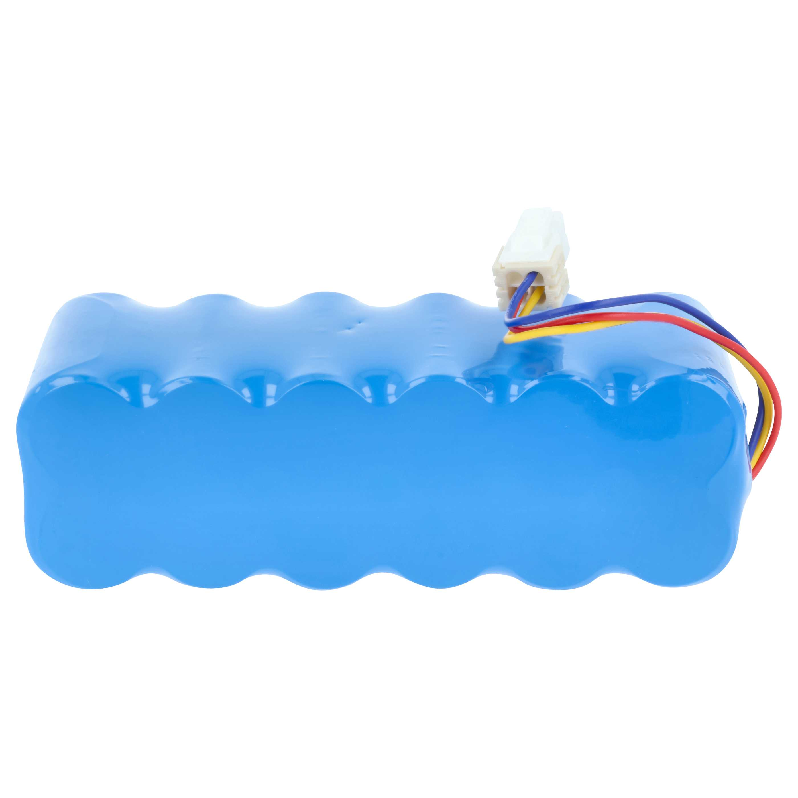 Ein blaues Batteriepack mit weißem Stecker und roten, gelben und blauen Drähten.