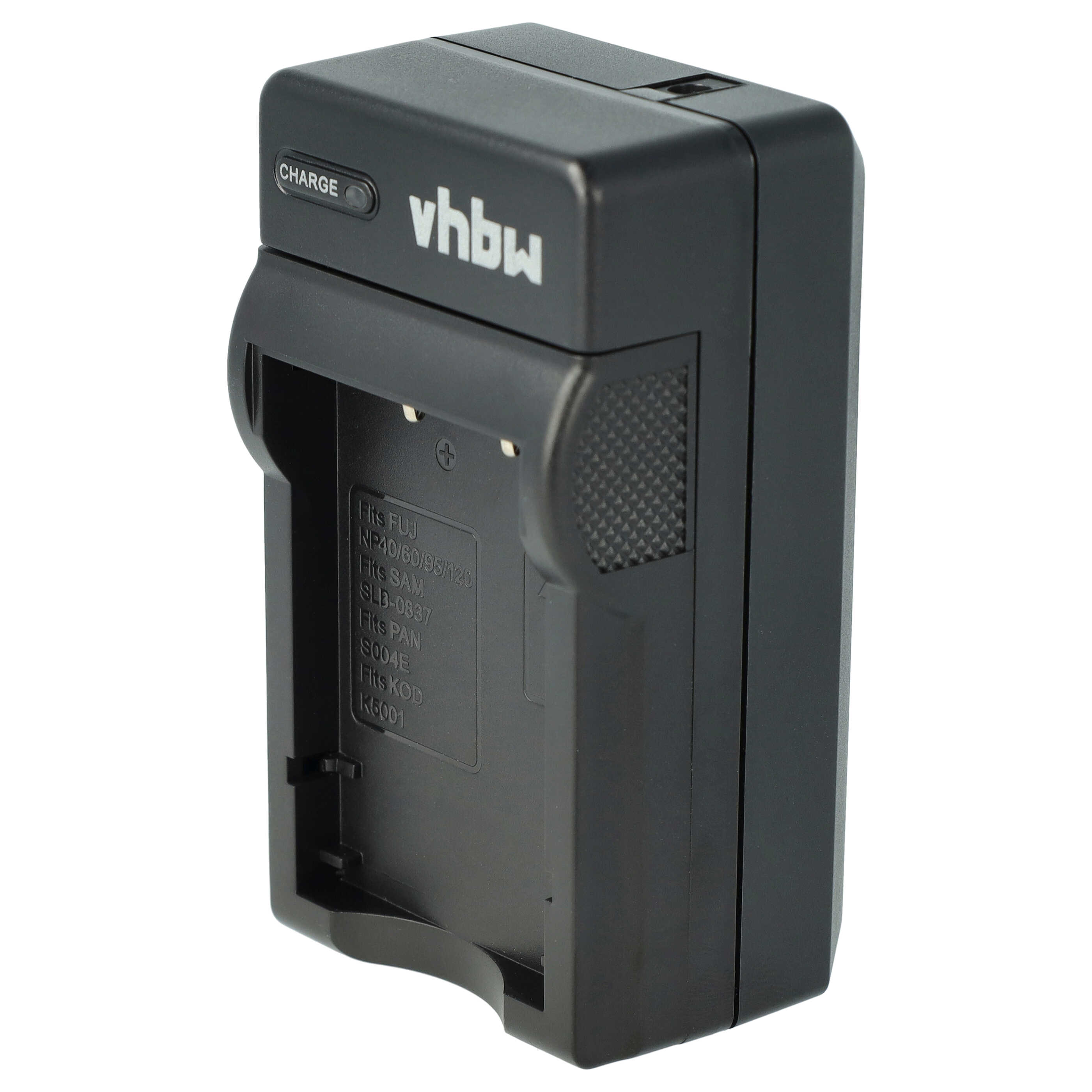 Ein schwarzes Kamerabatterieladegerät mit dem Markennamen 'vhbw' und dem Wort 'CHARGE' ist sichtbar.