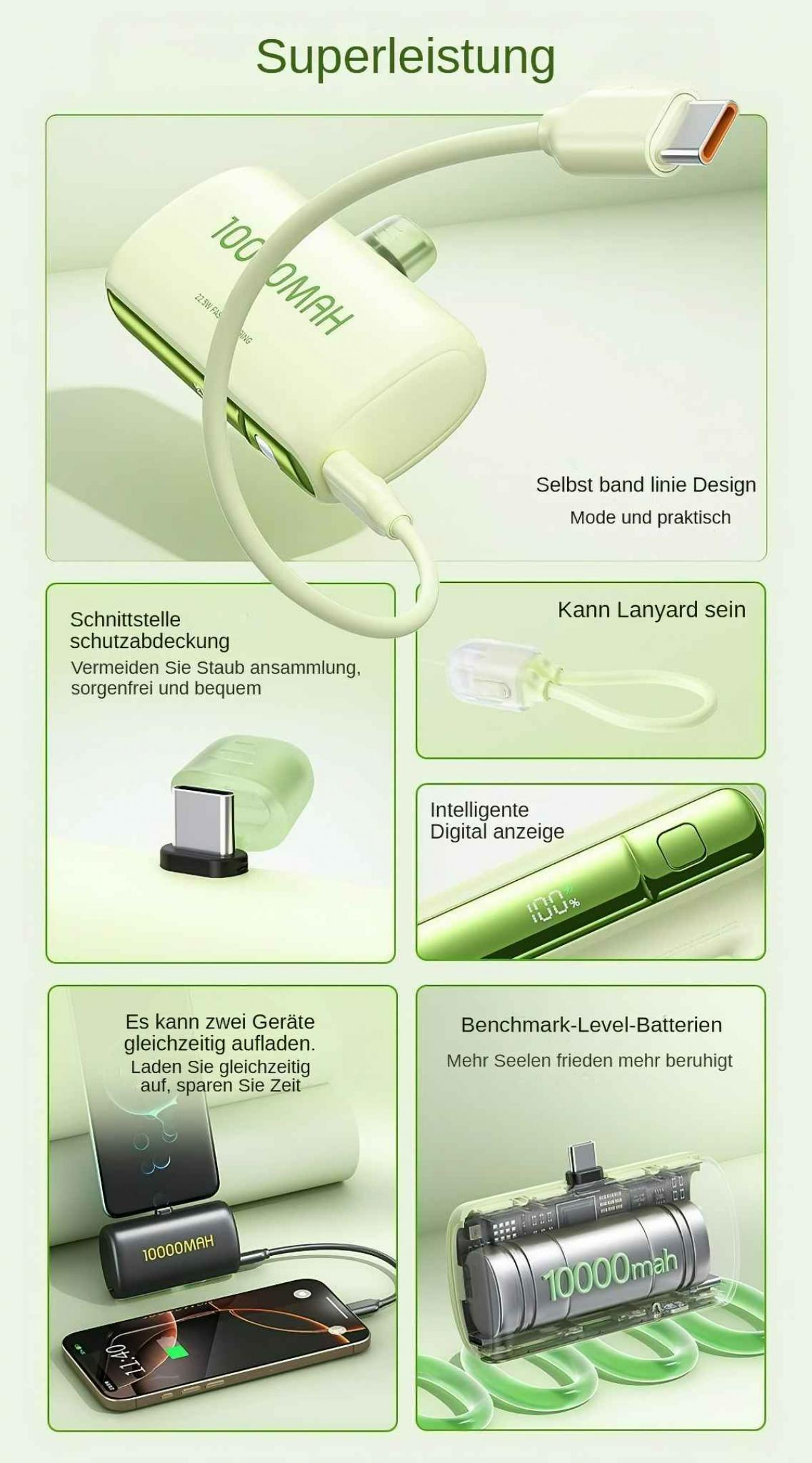 Eine grüne und weiße Powerbank mit USB-C-Kabel, ein ladendes Telefon und informative Grafiken werden angezeigt.
