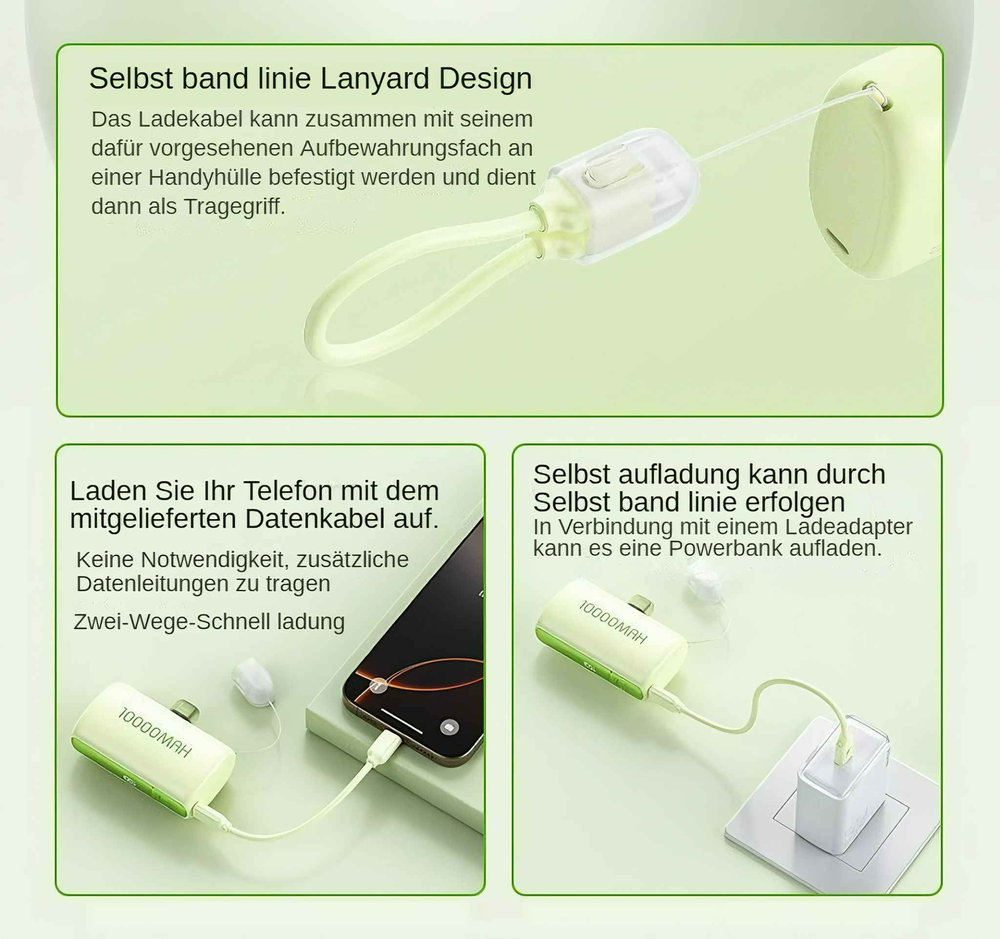 Das Bild zeigt ein grünes und weißes Ladekabel mit einem Telefon und einer Powerbank sowie Textbeschreibungen auf Deutsch.