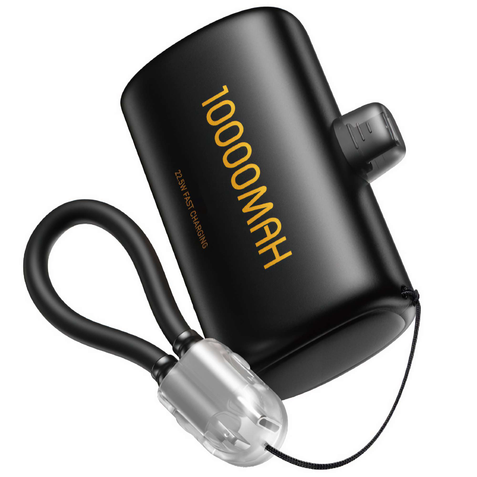 Schwarze Powerbank mit orangefarbenem Text '10000mAh' und '22.5W FAST CHARGING'. Sie hat eine schwarze Schlaufe und einen transparenten Stecker.