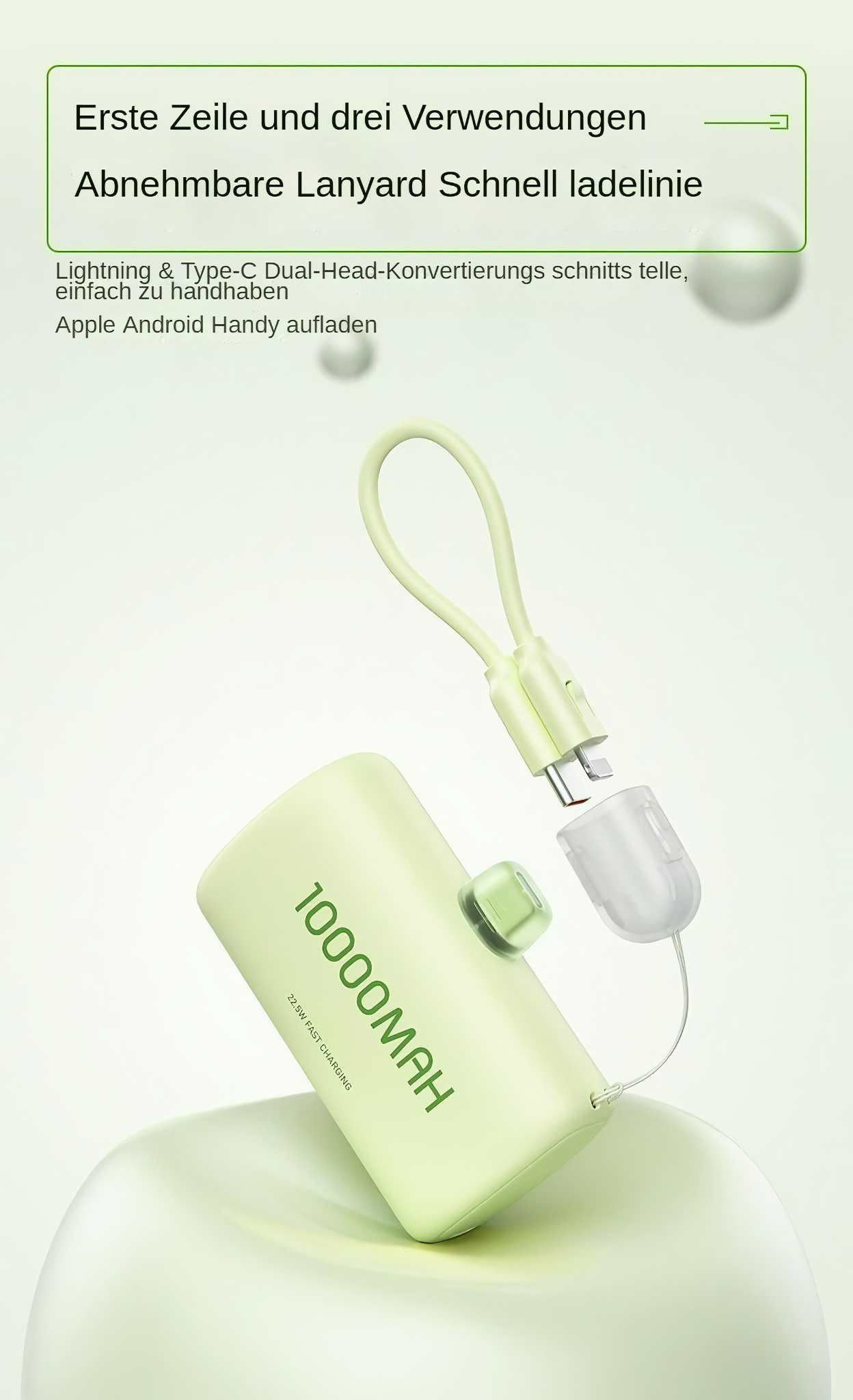 Eine grüne Powerbank mit Ladekabel und abnehmbarem Kopf. Text sagt 10000mAh und 22,5W Fast Charging.