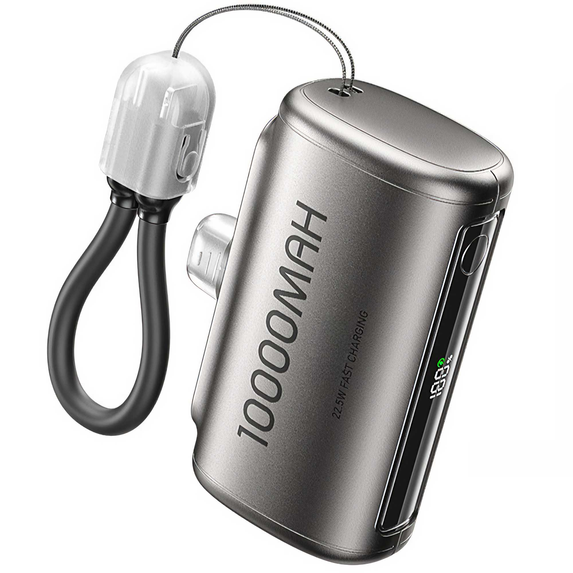 Eine graue 10000mAh Powerbank mit einem Bildschirm, der den Akkustand anzeigt, und einem schwarzen Riemen.