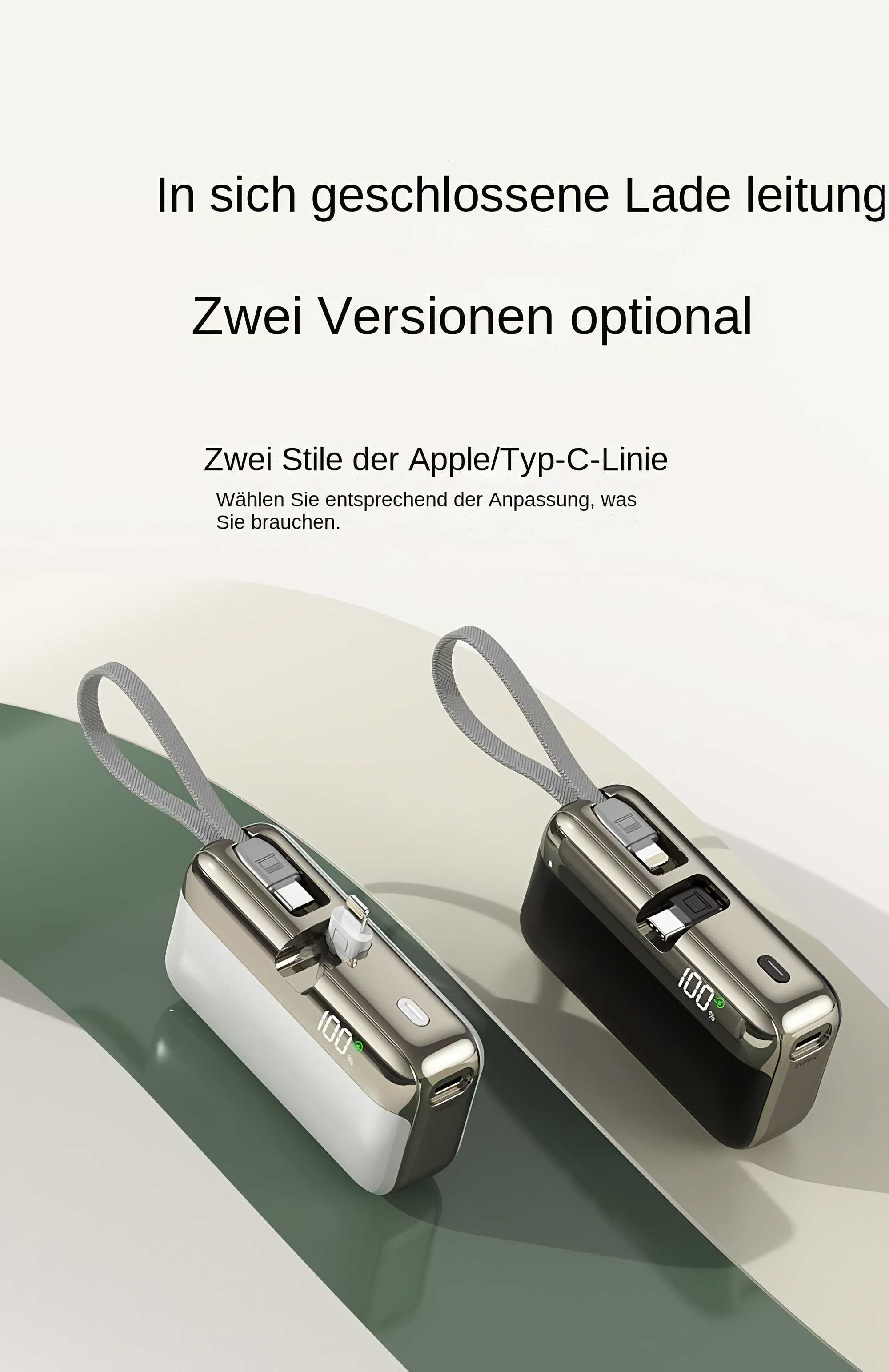 Das Bild zeigt zwei Powerbanks, eine weiße und eine schwarze, mit angeschlossenen Ladekabeln und Digitalanzeigen mit 100 %.