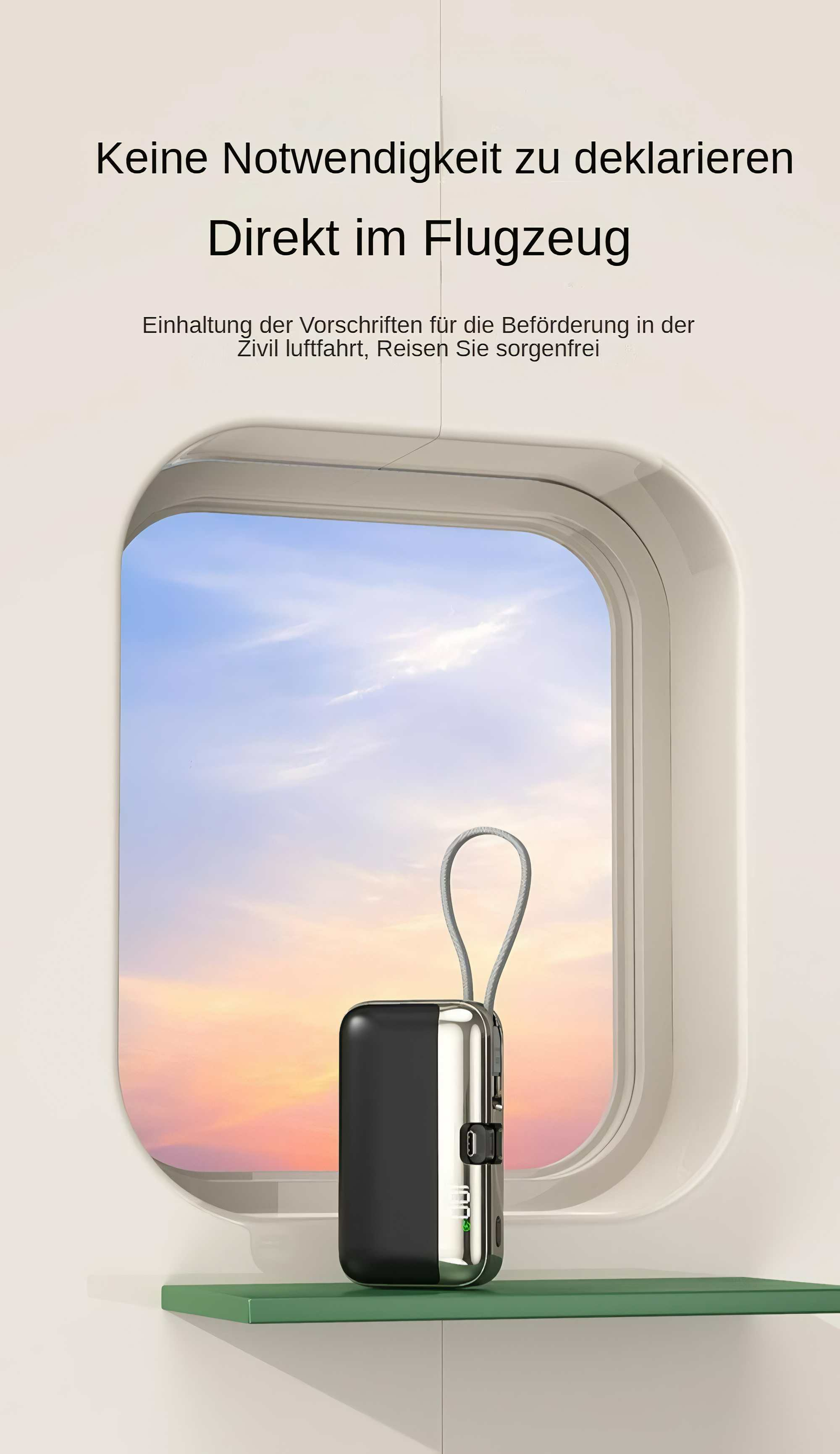 Ein Gerät mit Schlaufengriff vor einem Fenster mit Sonnenuntergang und Himmel. Text: Keine Notwendigkeit, direkt im Flugzeug zu deklarieren.