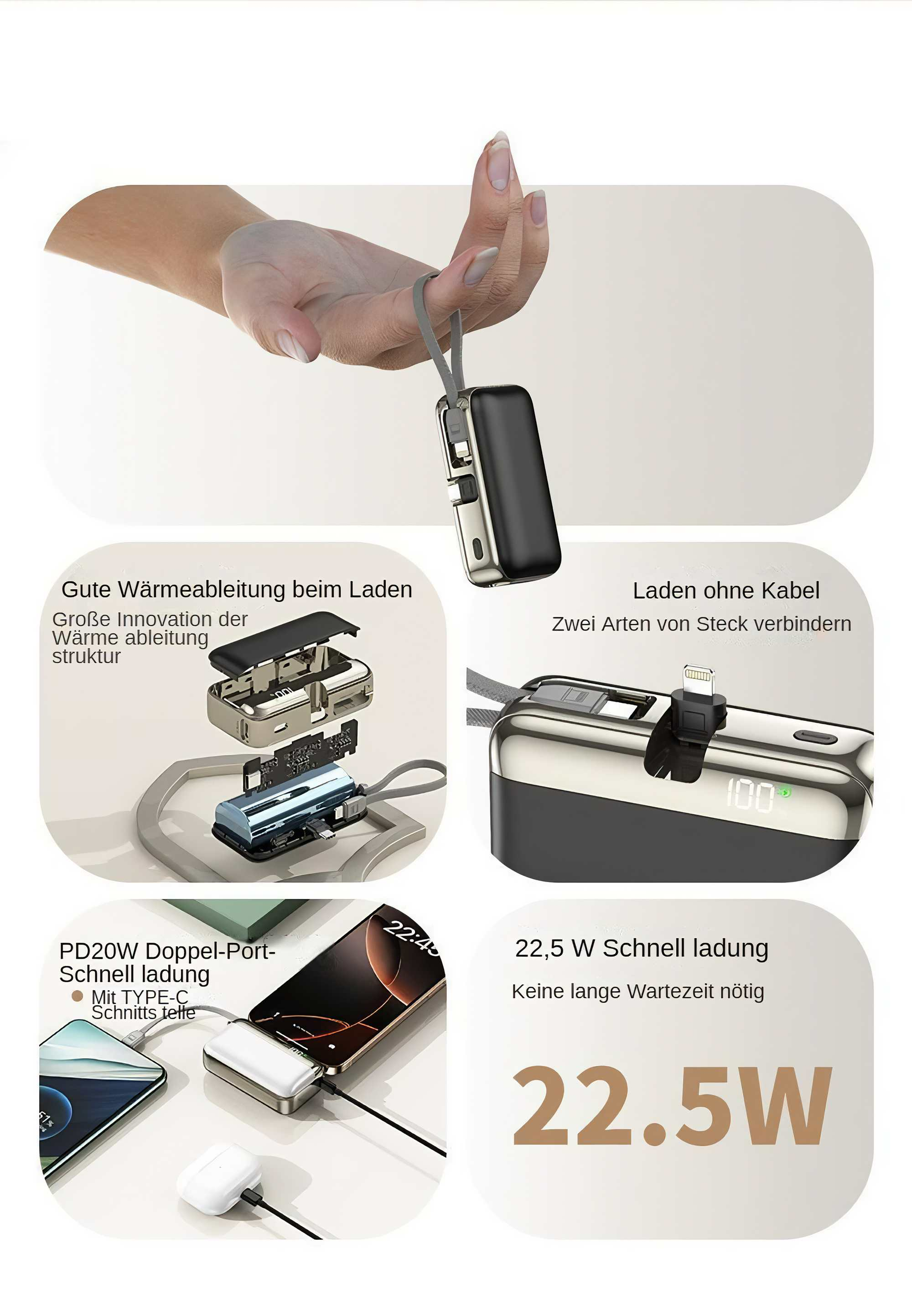 Eine Hand hält eine silberne und schwarze Powerbank. Textdetails zu Ladefunktionen und Leistung.