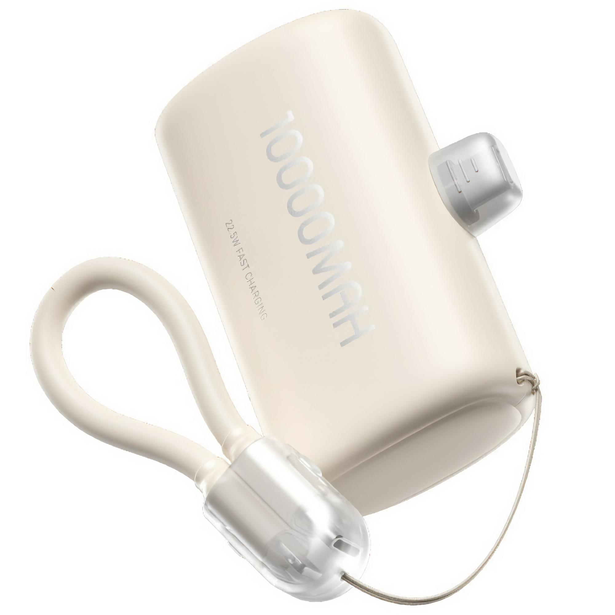 Ein cremefarbenes tragbares Ladegerät mit Kabel und transparenten Kappen. Es hat 10000mAh und 22,5W Schnelllade-Text.