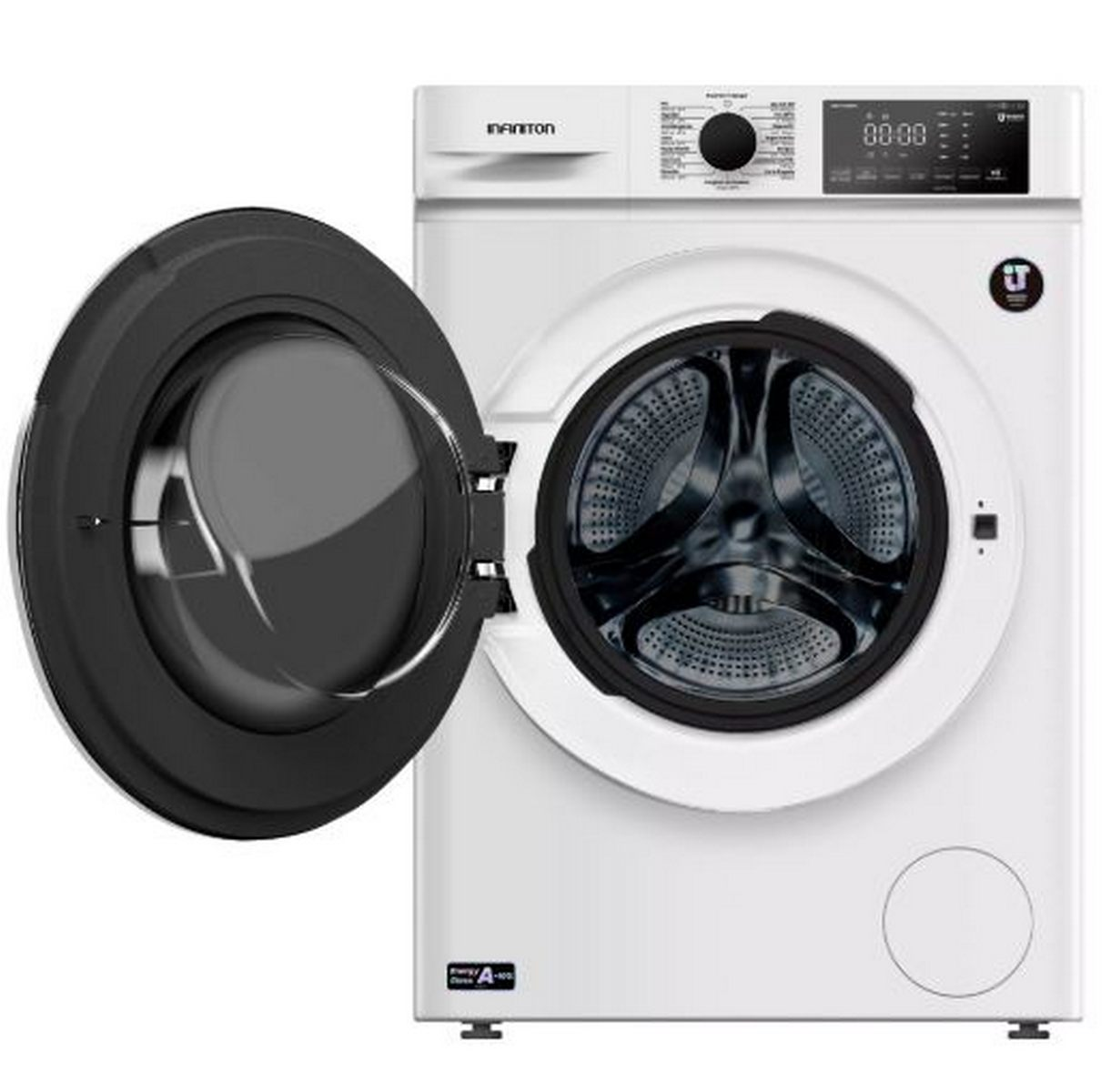Una lavadora blanca con una puerta negra abierta. La máquina tiene una pantalla digital y un panel de control. Se ve el interior de la puerta.