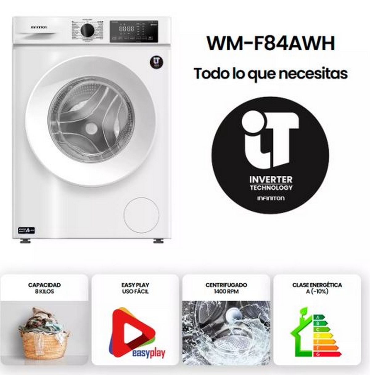 Lavadora blanca con pantalla digital, iconos de capacidad, easy play, velocidad de centrifugado y clase energética, con texto en español.