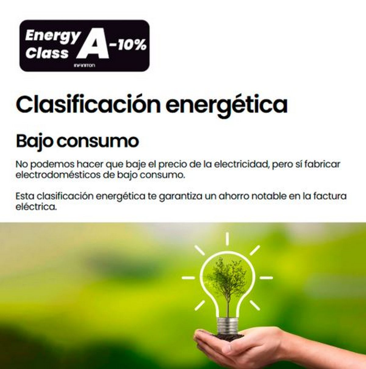 La imagen muestra información sobre eficiencia energética. Una bombilla con un árbol dentro se sostiene en una mano. El texto indica 'clase de energía A-10%.
