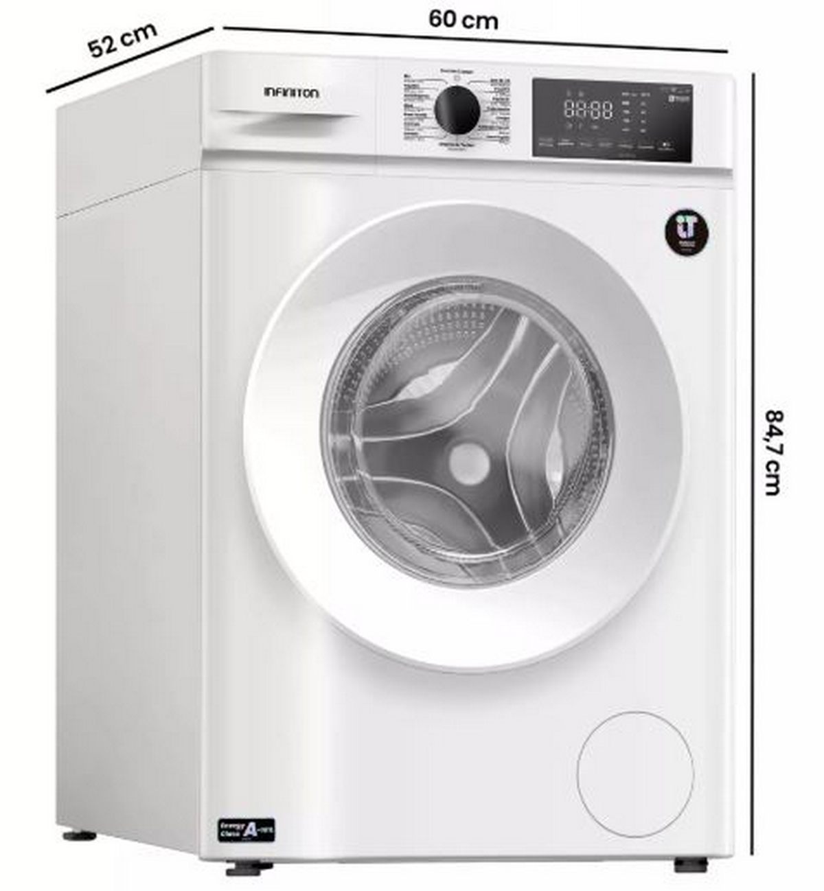 Lavadora blanca con pantalla digital, dimensiones etiquetadas. Diseño de carga frontal con puerta circular y panel de control.